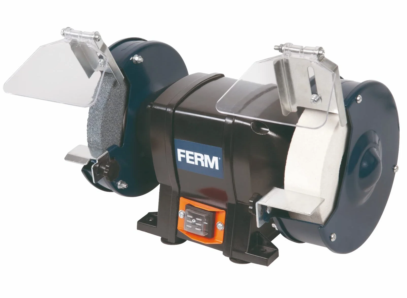 FERM BGM1020 podwójna szlifierka 250 W - 150 mm - wraz z kamieniami szlifierskimi P36 i P60, okulary ochronne i łapacz iskier, czarna