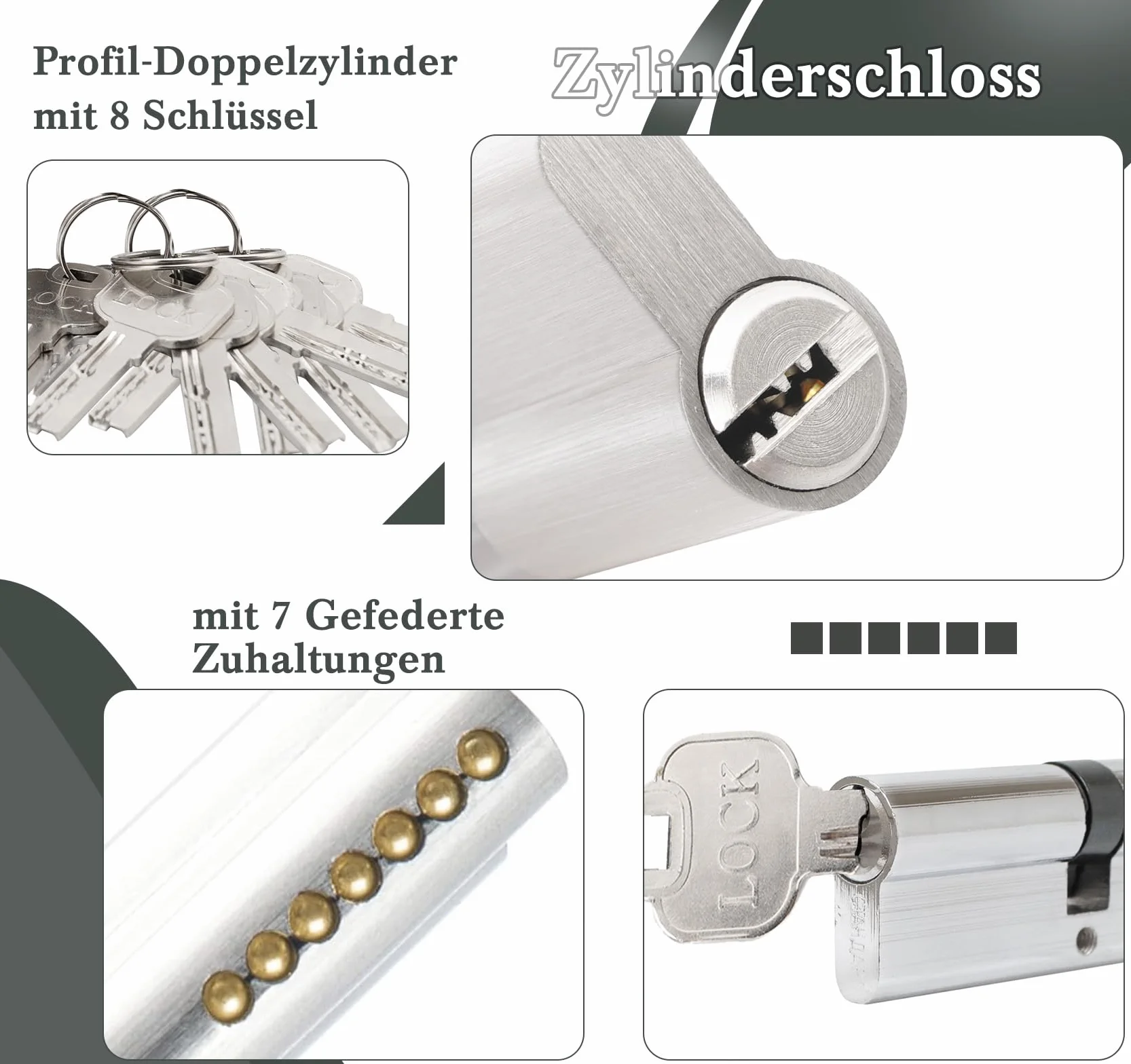 Hengsong Cylinder zamka 40/40, zamek bębenkowy, z 8 kluczami, cylinder profilowy do drzwi wejściowych, zamek do drzwi wejściowych, zamek do drzwi wewnętrznych, ok. 6 cm x 1,5 x 1,5 x 3 cm, srebrny