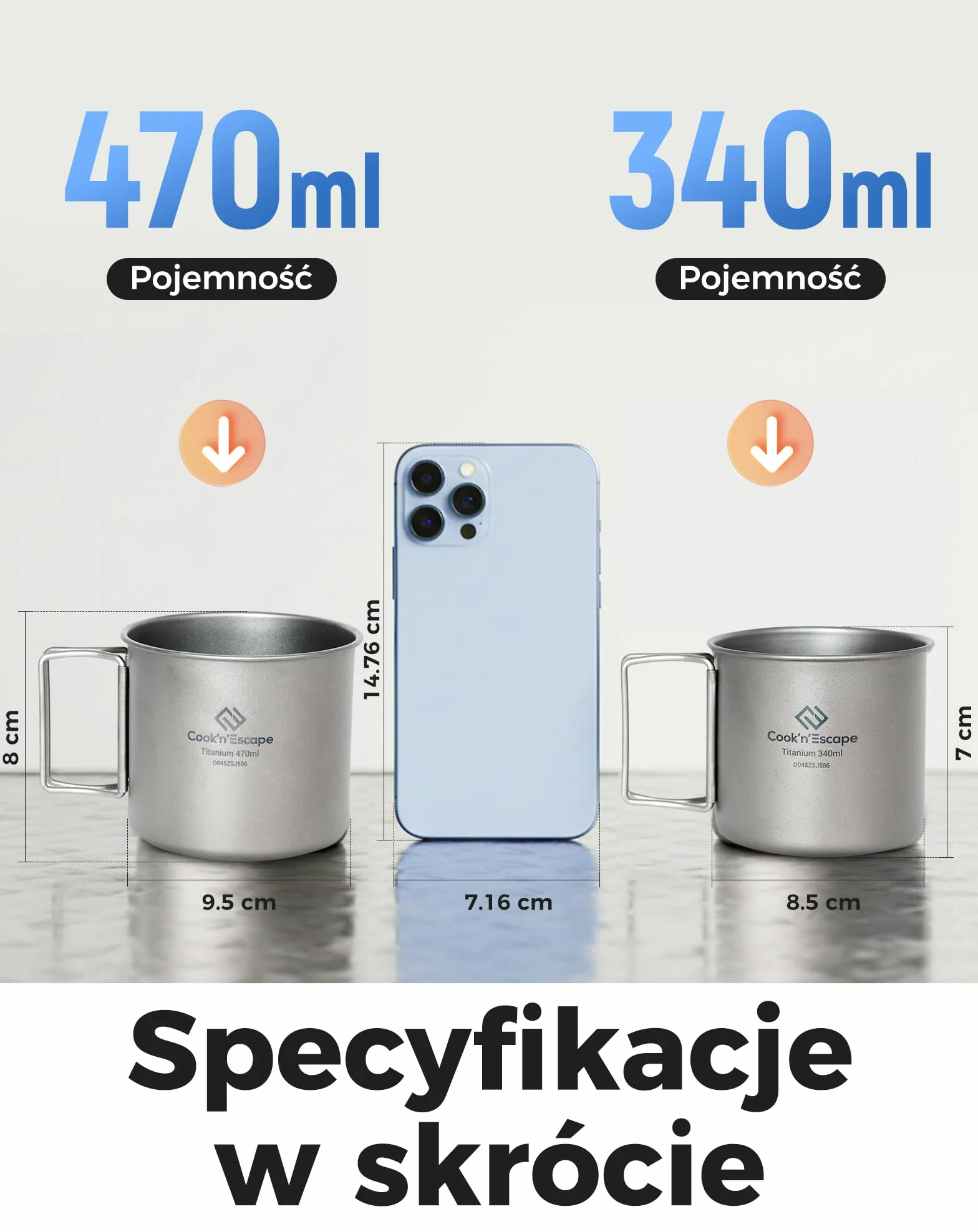 COOK'N'ESCAPE Tytanowe kubki kempingowe, zestaw 2 szt., 340 ml + 470 ml, lekkie i przenośne, odporne na ciepło, ze składanym uchwytem, idealne na kemping, wędrówki, podgrzewanie wody i parzenia kawy