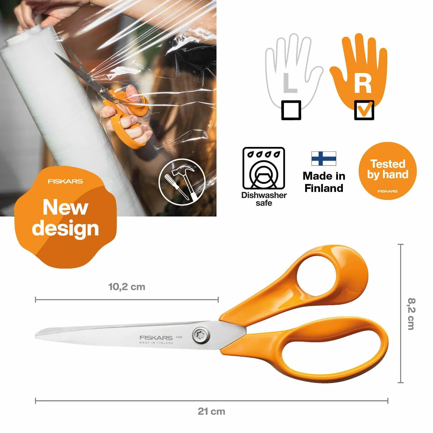 Fiskars Classic Uniwersalne nożyce dla majsterkowiczów, praworęczne, długość całkowita: 21 cm, ulepszona śruba Torx i ergonomiczny uchwyt, wysokogatunkowa stal/plastik, pomarańczowy, 1075034