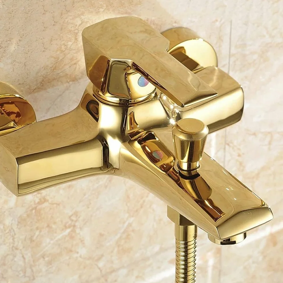 Gold D Bateria wannowa z mieszaczem do montażu na ścianie, mosiężna bateria z prysznicem ręcznym, wąż i wspornik 150 cm, luksusowa armatura łazienkowa do nowoczesnych wanien