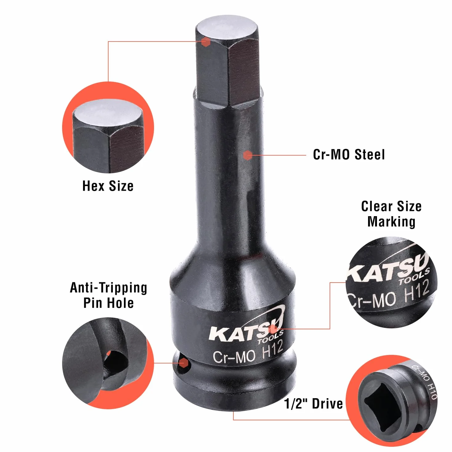 KATSU Tools Zestaw nasadek imbusowych 1/5.1 cm, 20 szt., rozmiar metryczny i imperialny, H6 - H19 i H1/10.2 cm - H3/10.2 cm, stal CR-MO, długość 78 mm 420413
