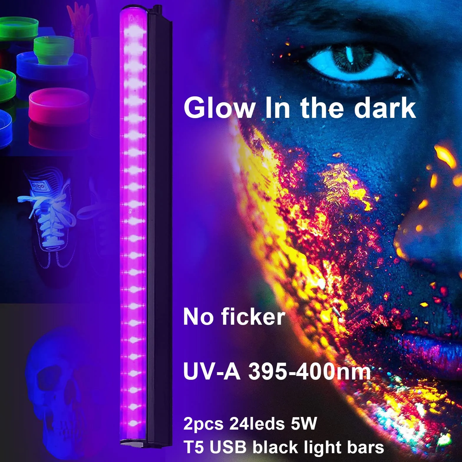 Eleganted Czarne światło, 2 sztuki, 5 W, USB UV, 395 nm, czarne światło, efekt świetlny, oświetlenie sceniczne z przełącznikiem, na Halloween, do klubu, na imprezę, dyskotekę
