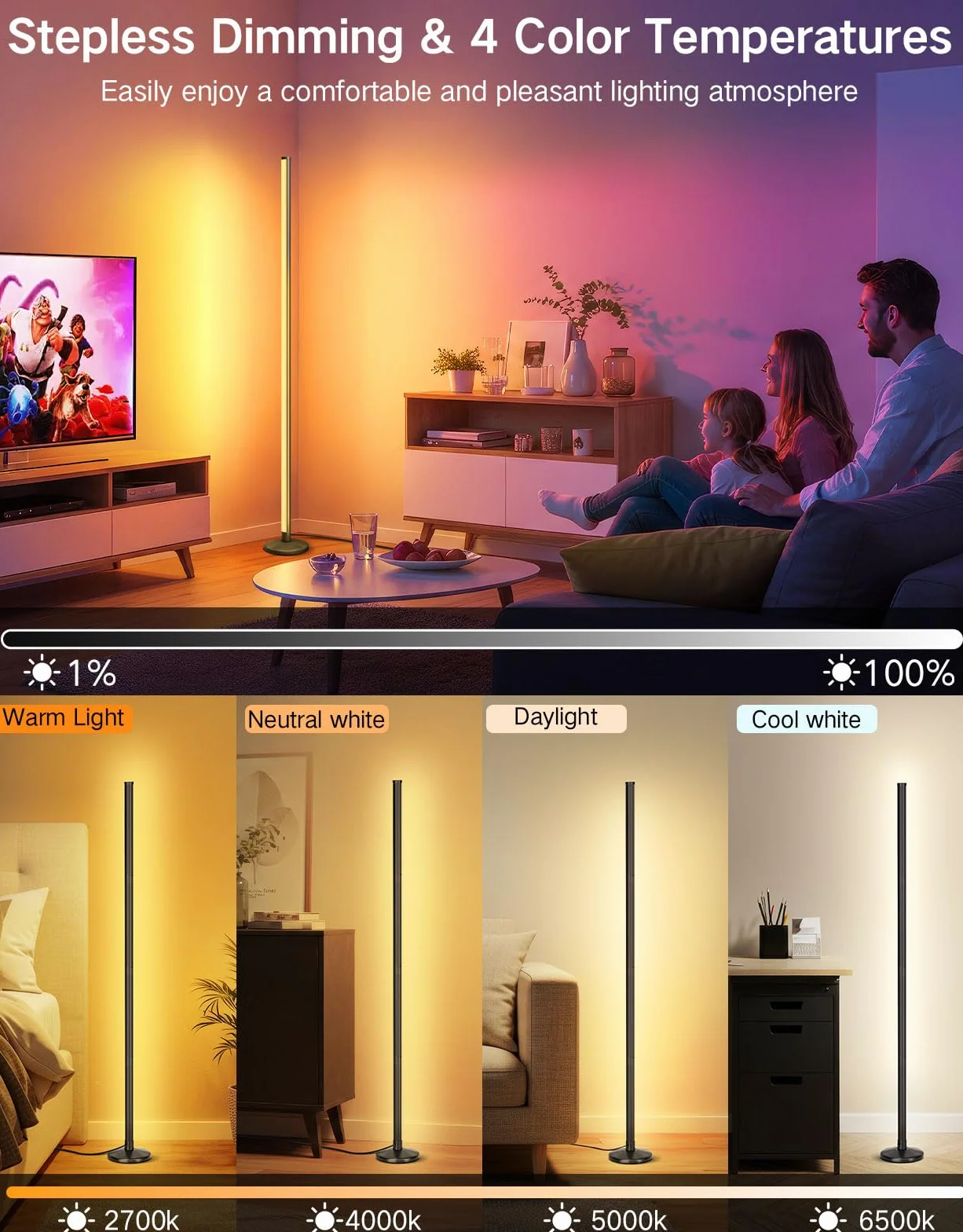OUTON RGBICW lampa stojąca LED, 2 sztuki, ściemniana | lampa stojąca z pilotem zdalnego sterowania, sterowanie aplikacją, synchronizacja muzyki, lampa stojąca do salonu, do gier