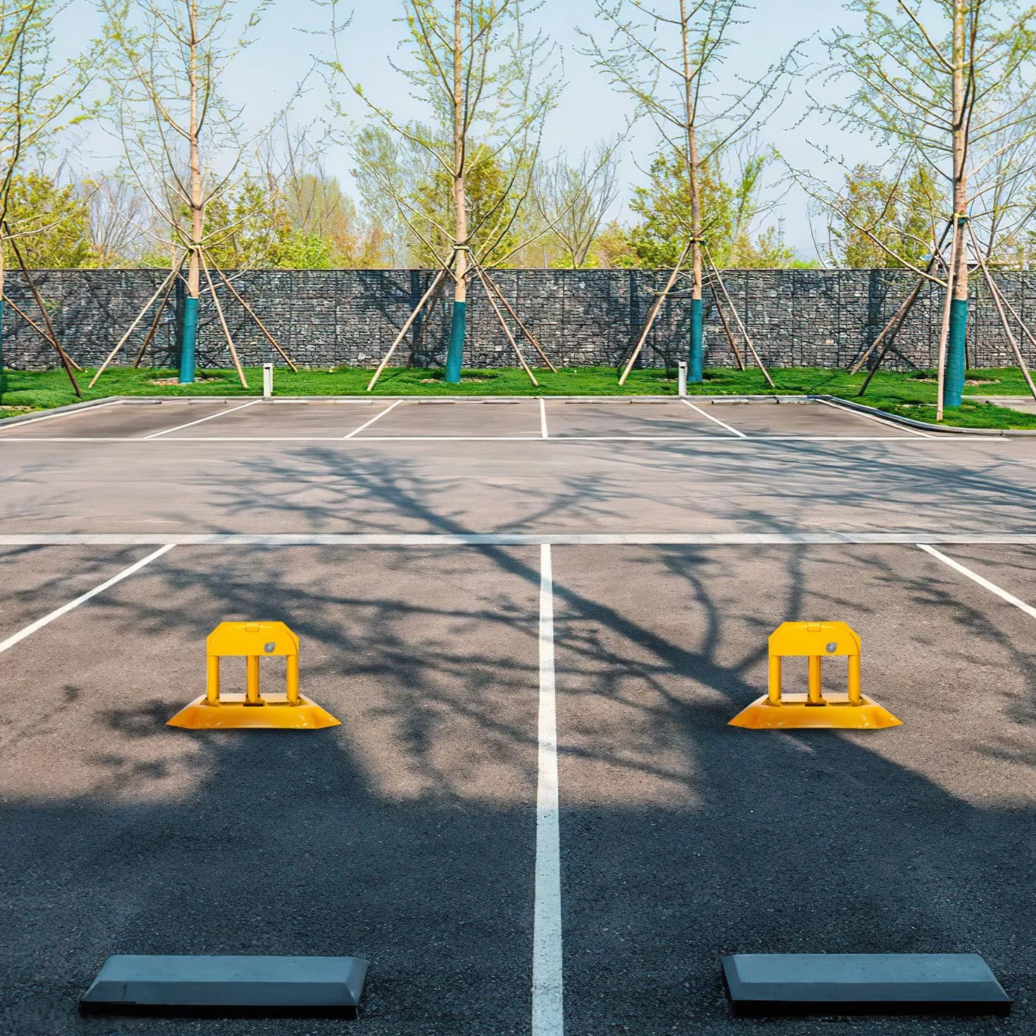 Eulenke Blokada parkingowa 1 sztuka, blokada parkingowa z 3 kluczami, składany pałąk parkingowy z 4 śrubami rozporowymi, uniwersalny bloker parkingowy zamykany z metalu, kolor żółty, do parkingów,