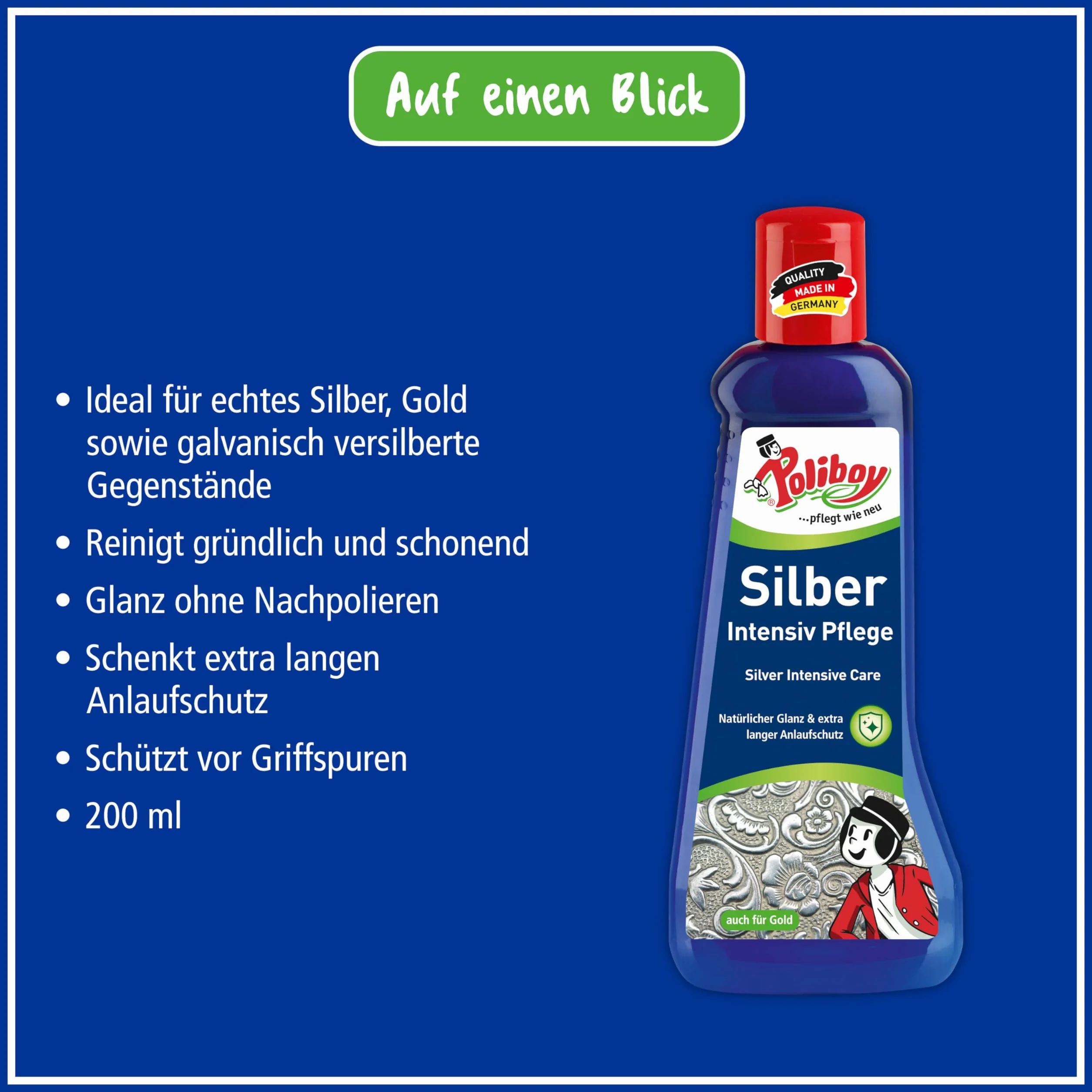 POLIBOY Intensywna pielęgnacja srebra – Delikatny środek polerujący do biżuterii ze srebra – 1x 200 ml – Z gąbką – Produkt niemiecki