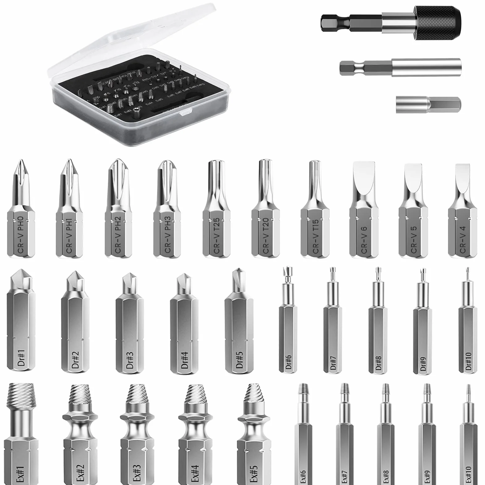 Nuovoware Damaged Screw Extractor Set, 33 PCS Easy Out Stripped Screw Extractor Kit, HSS Broken Screw Remover Set with 2 Magnetic Extension Bit Holder & Socket Adapter, Black