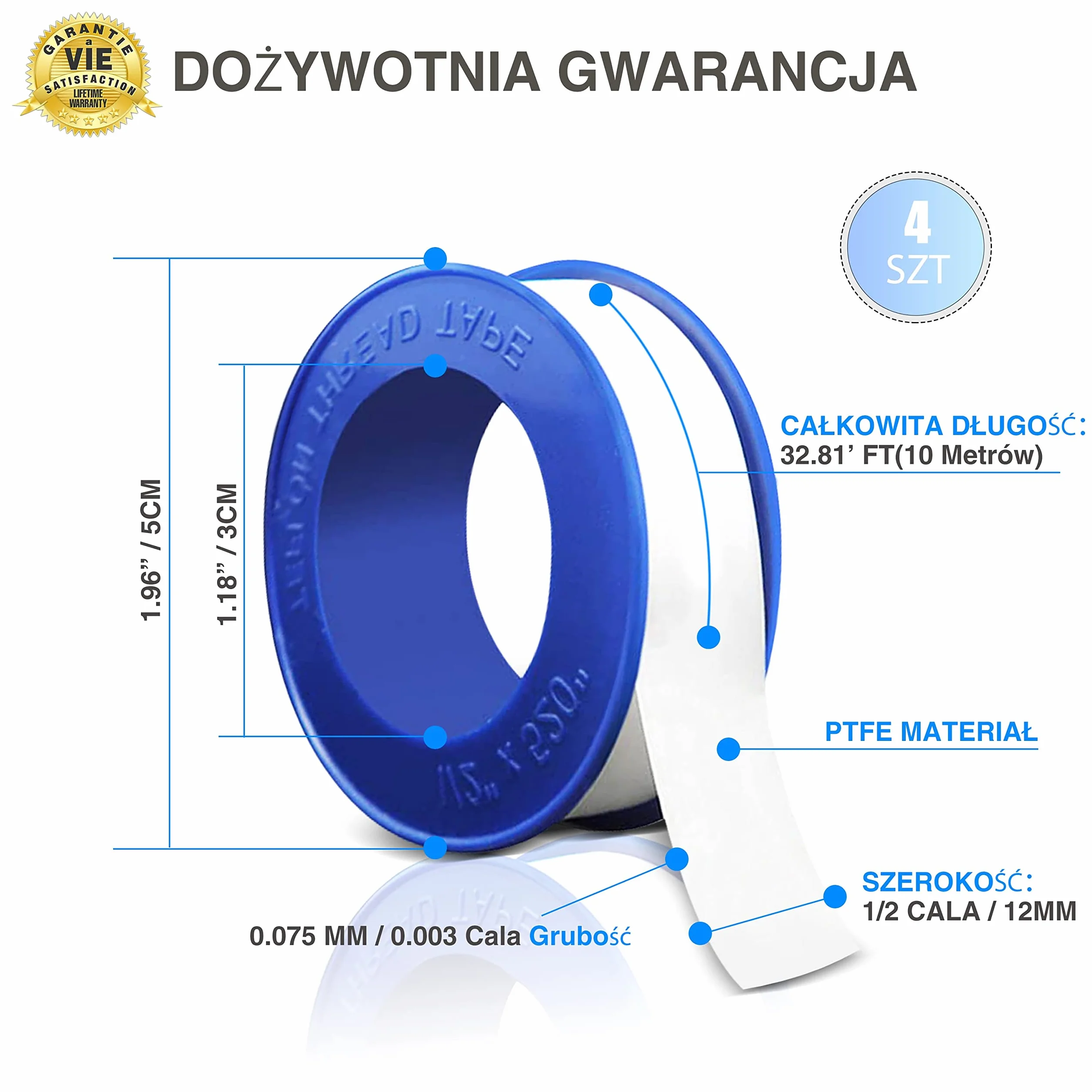 Teflonowa Taśma Uszczelniająca 4 Rolki, 12 m Długości ✮DOŻYWOTNIA GWARANCJA✮ Samoprzylepna Hydrauliczna Taśma Teflonowa - Domowe Uszczelnianie, Naprawa i Hydroizolacja Rur do Wody