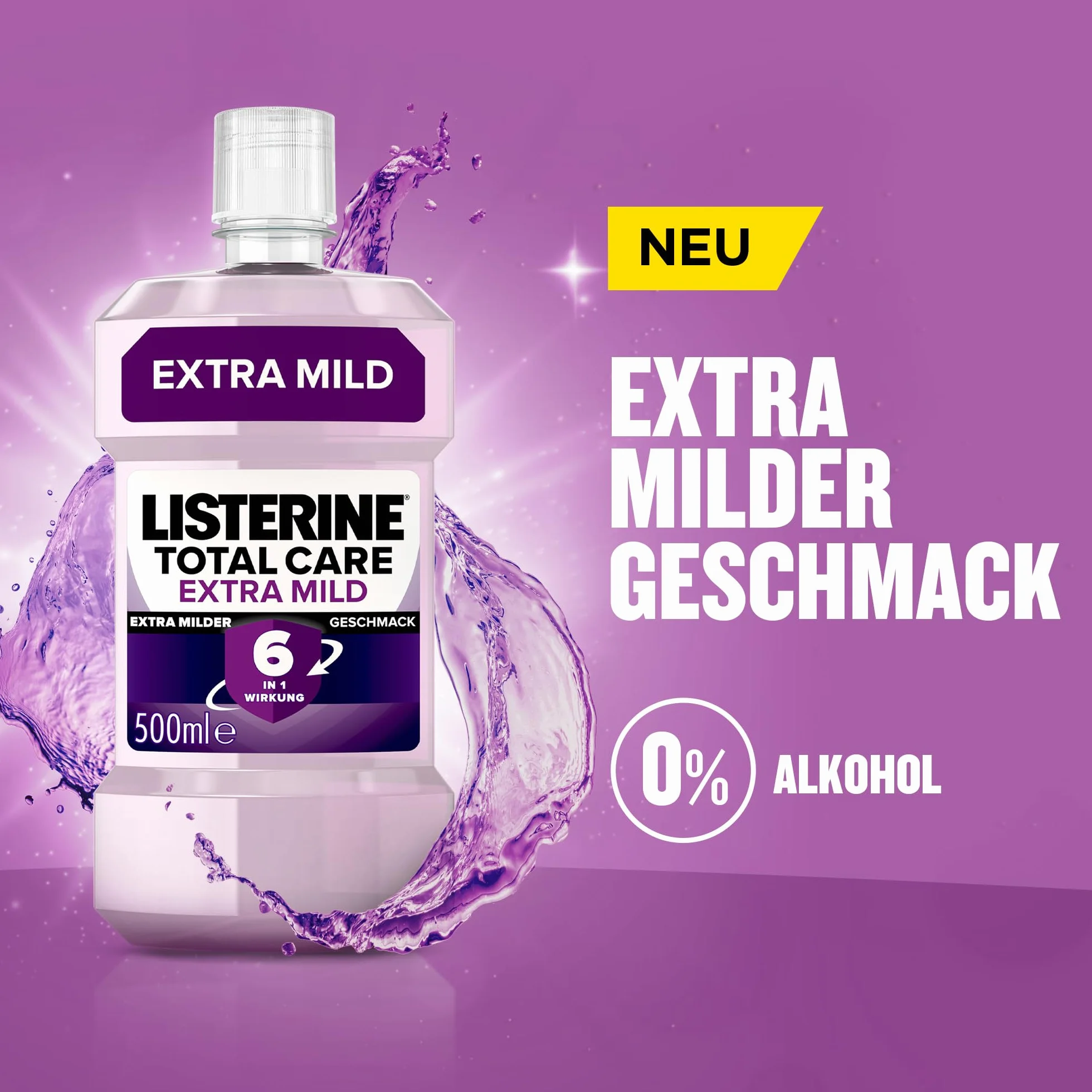 LISTERINE Total Extra Mild (500 ml), ochronny płyn do płukania jamy ustnej bez alkoholu przeciwko próchnicy zębów, działanie 6 w 1, antybakteryjny płyn do płukania jamy ustnej chroni przed problemami