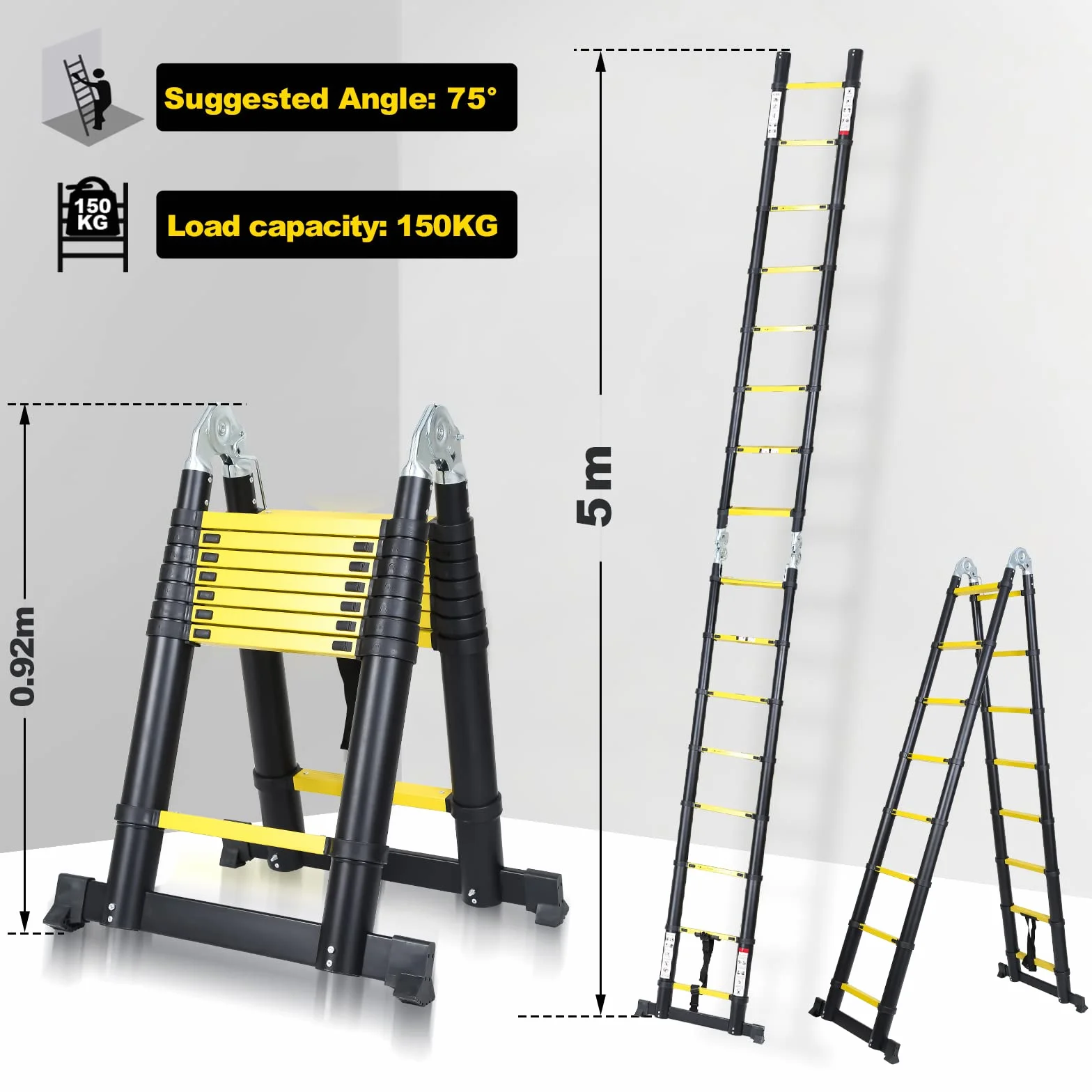 Randaco Składana drabina teleskopowa, 5 m, aluminiowa, wielofunkcyjna, teleskopowa, wysuwana, składana, antypoślizgowa, maks. obciążenie 150 kg, czarno-żółta