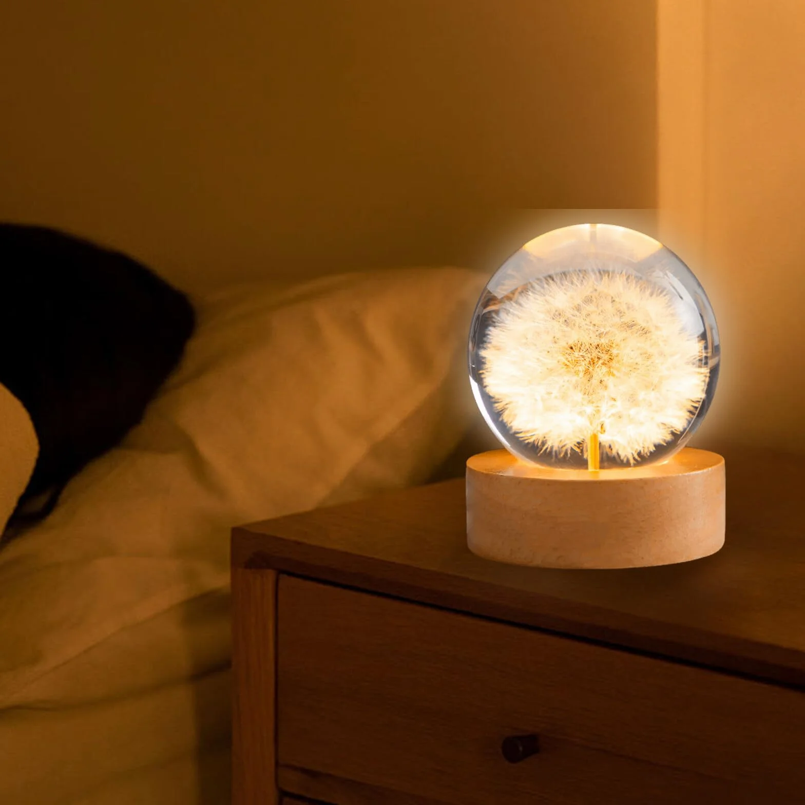 Kryształowa kula, lampka nocna, 6 cm, szklana lalka, lampka nocna, kwiatowa lampka nocna z drewnianą podstawą USB, idealny prezent