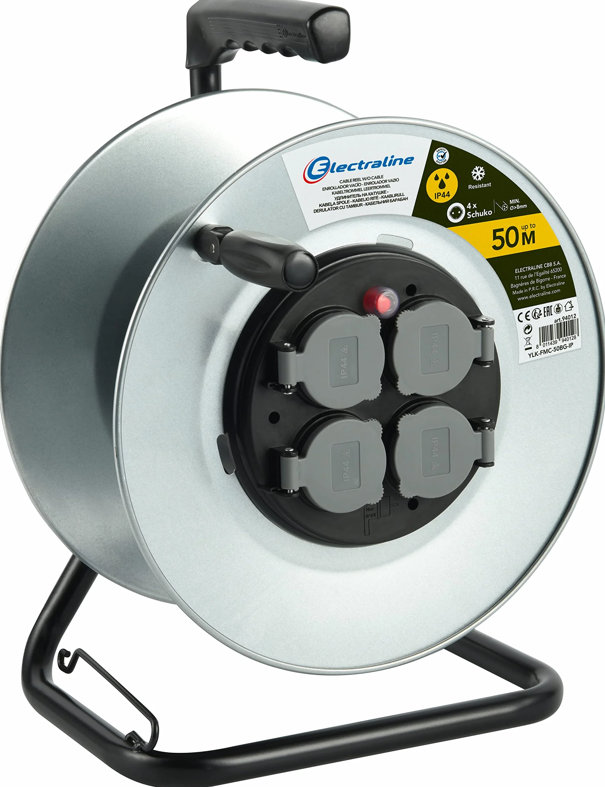 Electraline 94012 Profesjonalna metalowa rolka konstrukcyjna 4 gniazda IP44 bez prowadnicy kabla i ergonomicznego uchwytu, nadaje się do rękawic roboczych.