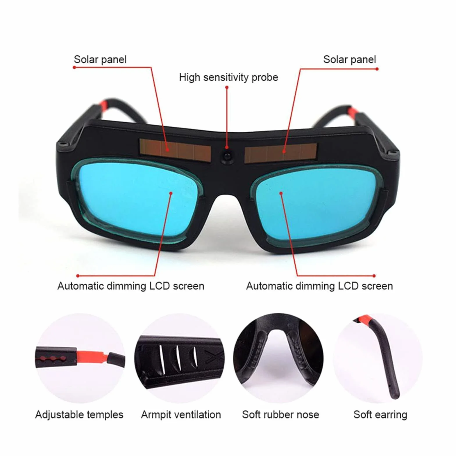 Automatyczne przyciemnianie gogle spawalnicze Solar Eye Safety, ochronne okulary PC z wysokoczułym detektorem, helm spawalniczy do lutowania i spawania