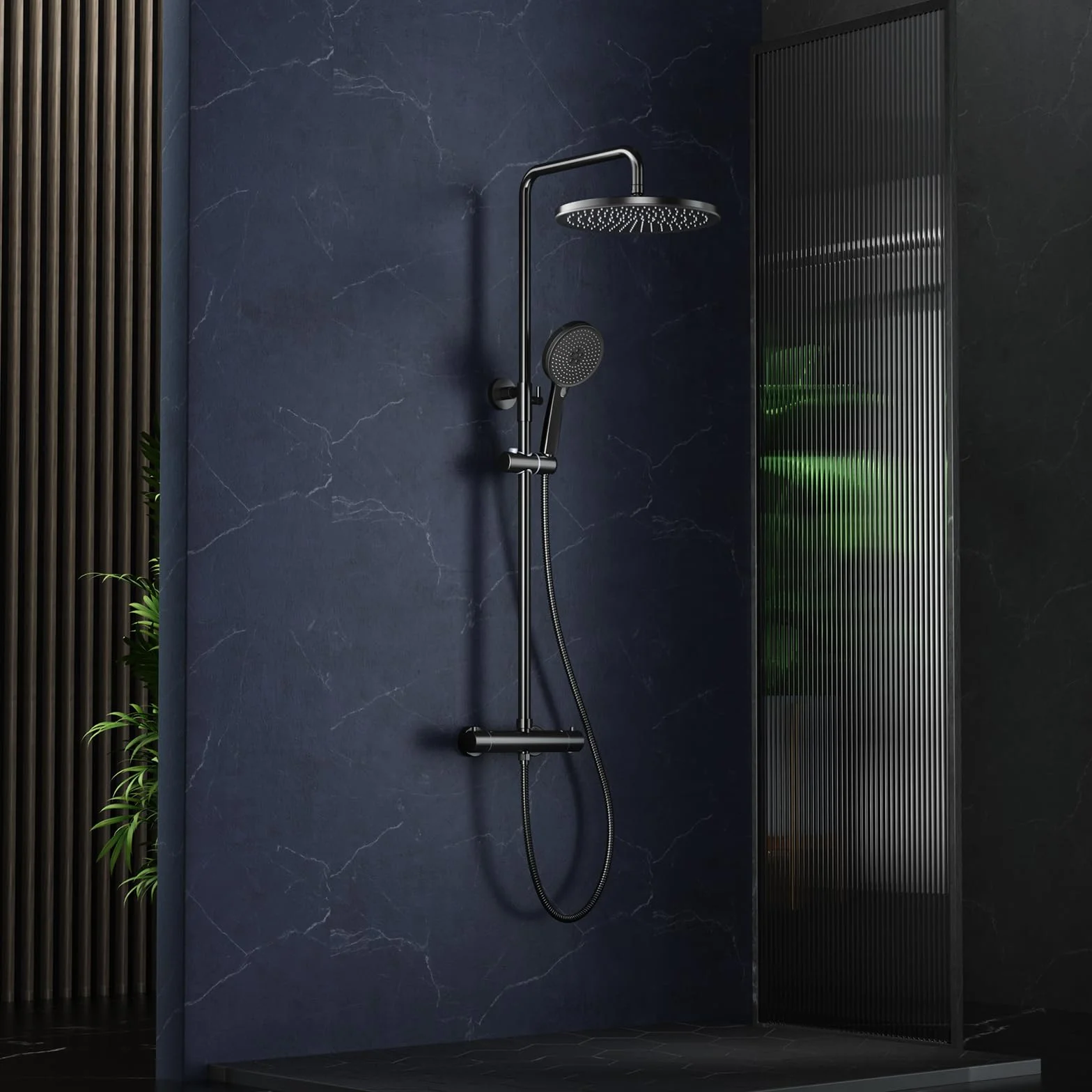 Rainsworth System prysznicowy z termostatem, Ø 30 cm, okrągły, deszczownica, zestaw prysznicowy oszczędzający wodę, 5 rodzajów strumienia, 92-126 cm, drążek prysznicowy Rainforest, kompletny zestaw do