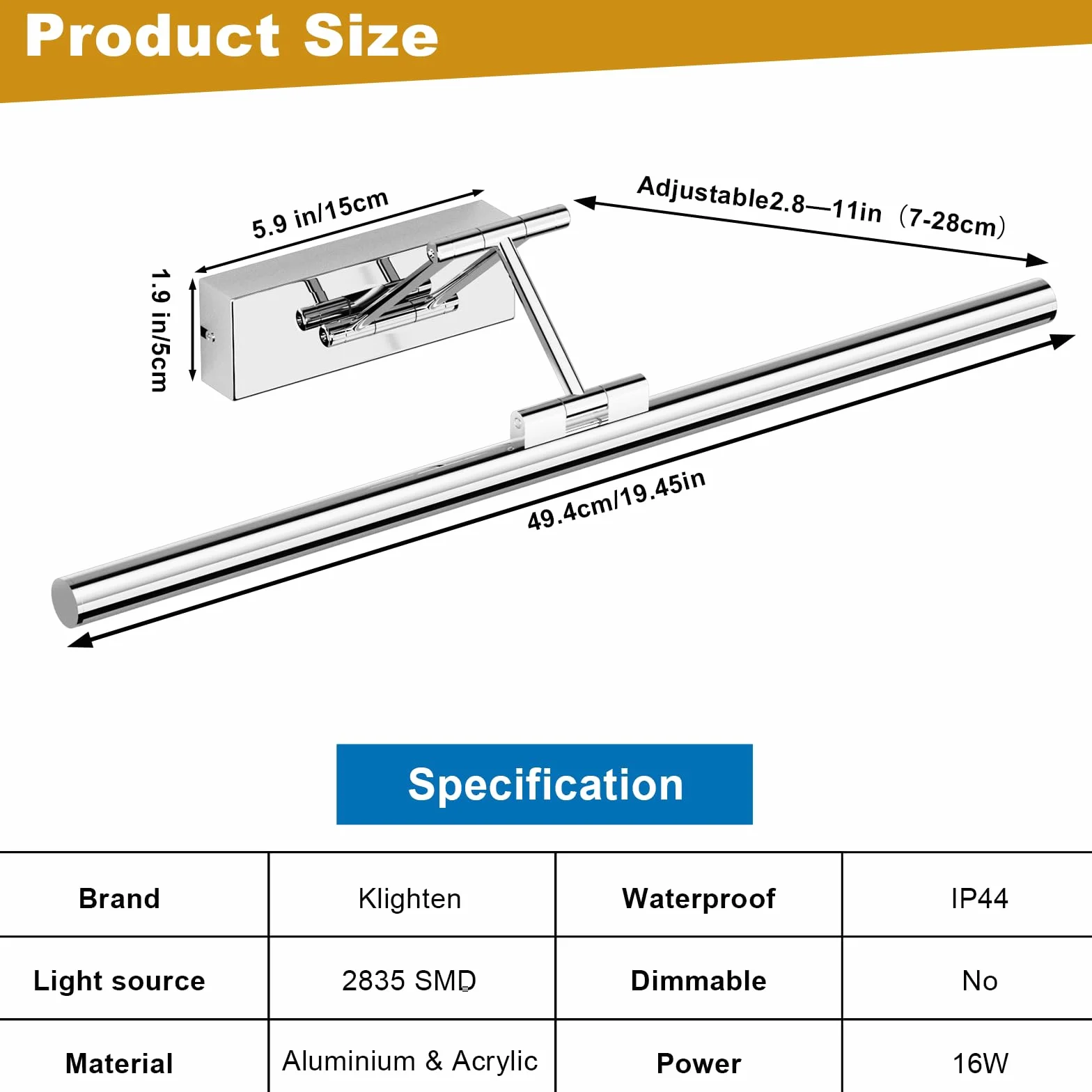 Klighten Lampa LED do lustra łazienkowego 50 cm, obrotowe lustro lustro do łazienki IP44, lustro łazienkowe 16 W 1200 lm, LED lustro łazienkowe lustro łazienkowe, zimna biel 5500K, chrom 50 cm