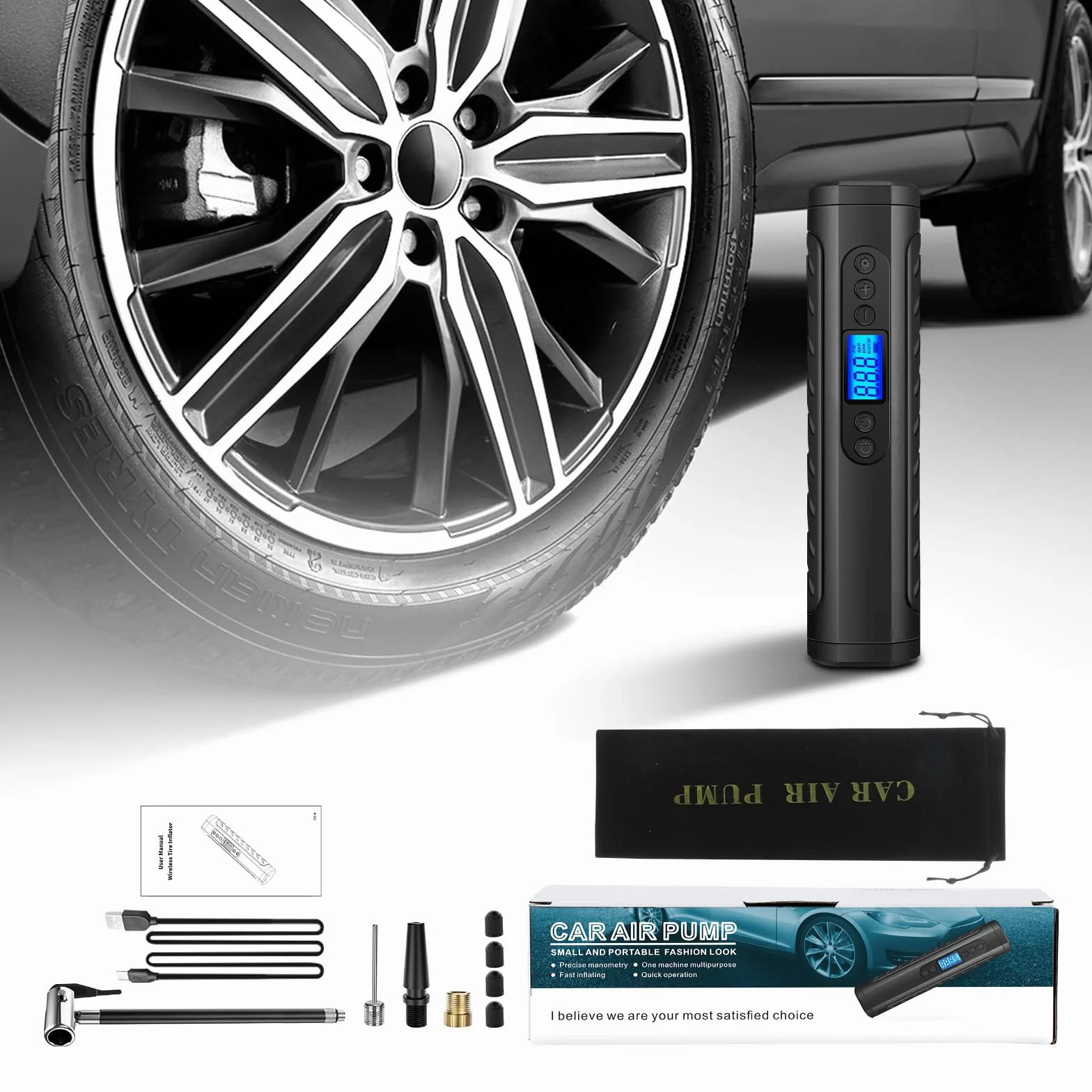 Przenośna sprężarka powietrza Przenośny Kompresor 150 PSI 6000 mAh Bezprzewodowa Pompka do Opon z Wyświetlaczem LCD, Lampką LED i 3 Końcówkami do Samochodu, Roweru i Motocykla