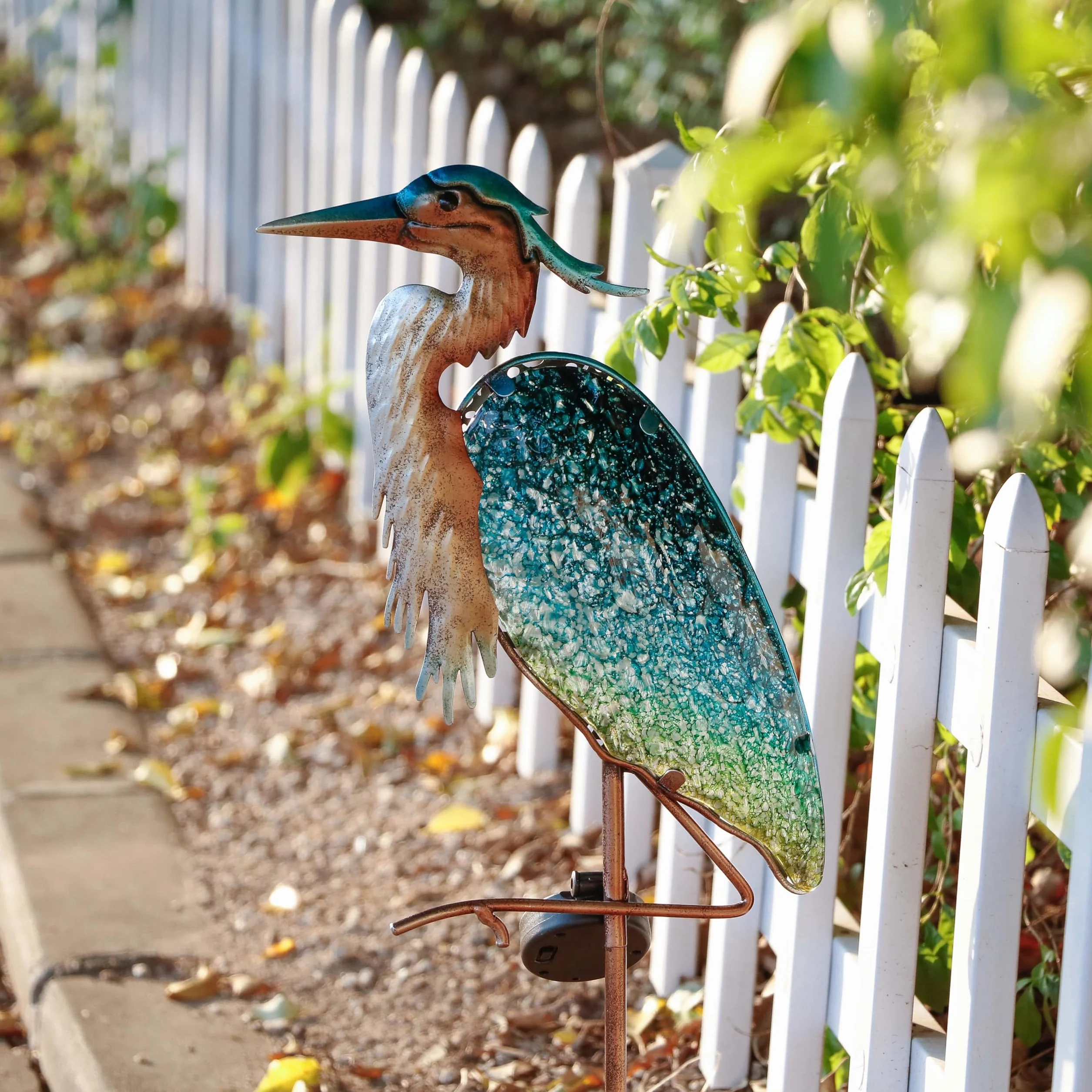 TERESA’S COLLECTIONS Grey Heron Garden Figure Outdoor Solar Light 106cm Solar LED Garden Light Metal Glass Wodoodporna ścieżka światła z kolcem Ground Solar Lamp Garden Decoration