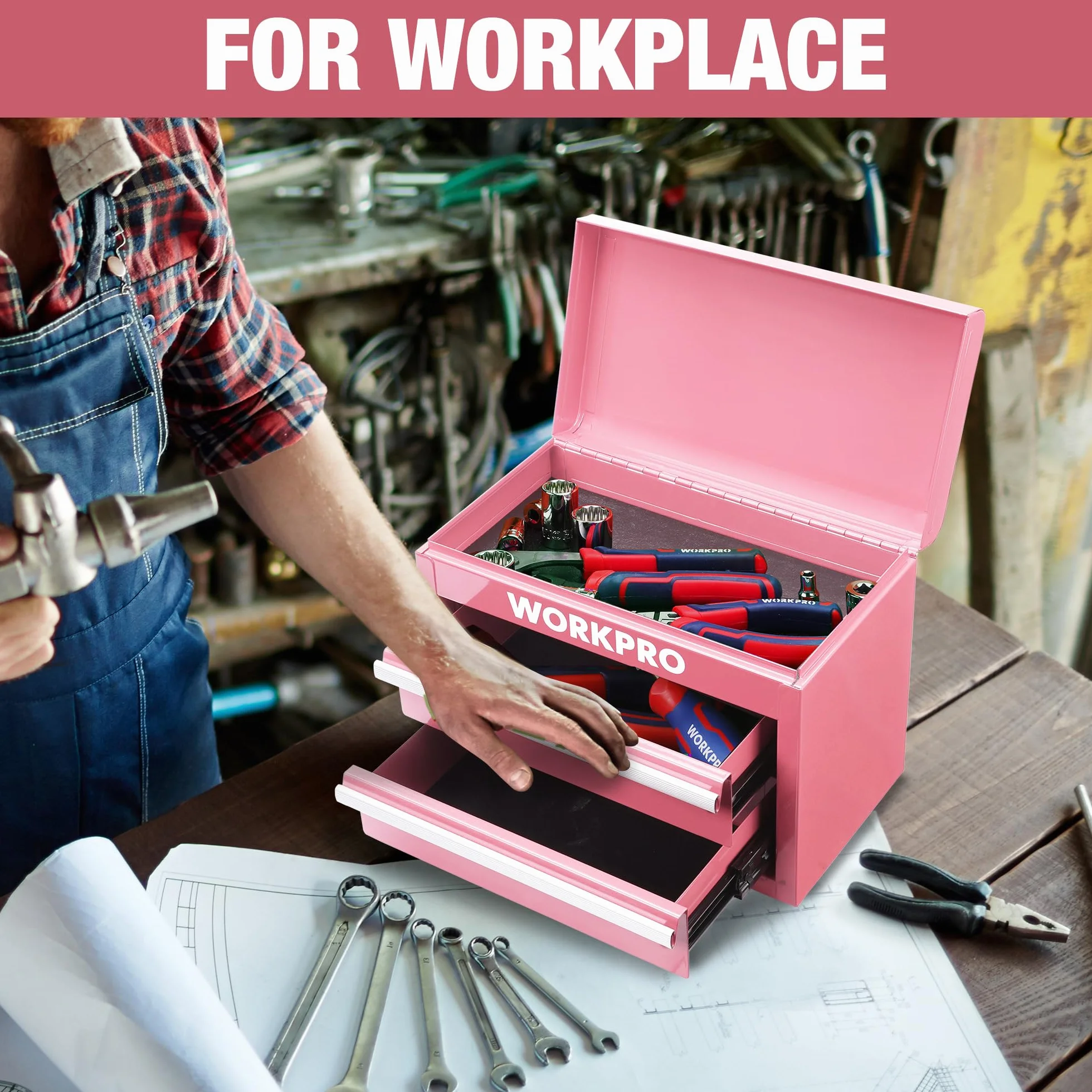 WORKPRO Metalowa skrzynka z szufladami z 2 szufladami i górną przestrzenią do przechowywania, różowa, 27,5 x 15 x 20,8 cm, organizer stołowy z szufladami, do biura, przebieralni i biurka