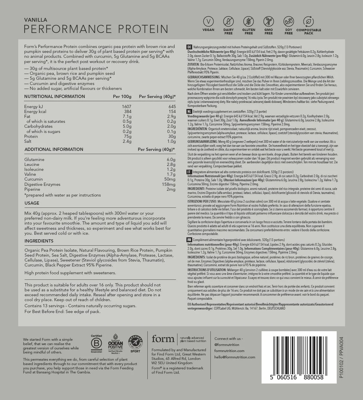 Form Performance Protein Wegańskie białko w proszku BCAA enzymy trawienne Wanilia