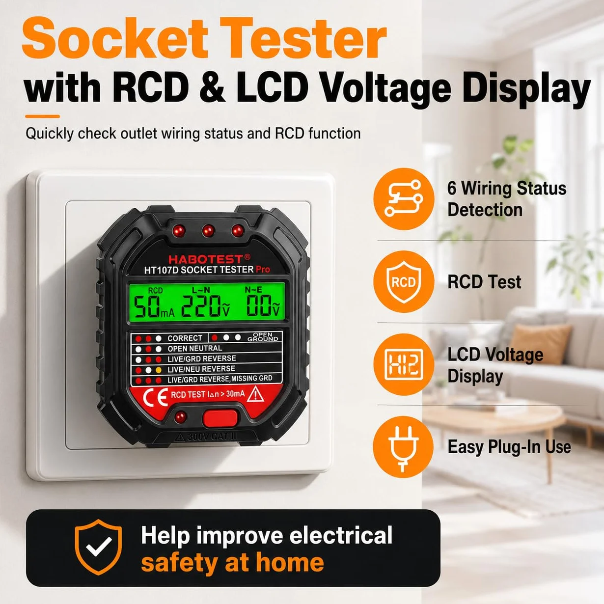 VOBOR Tester gniazd z kontrolką RCD i wyświetlaczem napięcia LCD, 6 rodzajów diagnostyki błędów, tester napięcia FI z wyświetlaczem kontrolnym 90-250 V/45-65 Hz, CAT ll 300 V