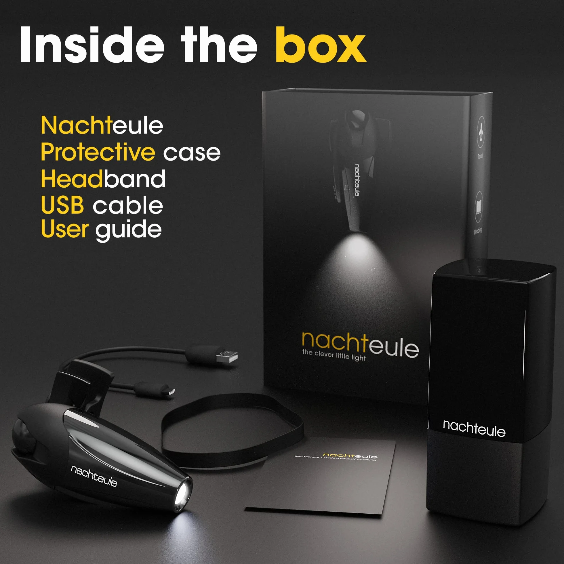 Nachteule Lampka do czytania na okulary, słuchawki lub opaskę na głowę (w zestawie). Lampka LED do książek, nagradzana konstrukcja Clip-on Made in Germany. W zestawie bezpłatne etui ochronne