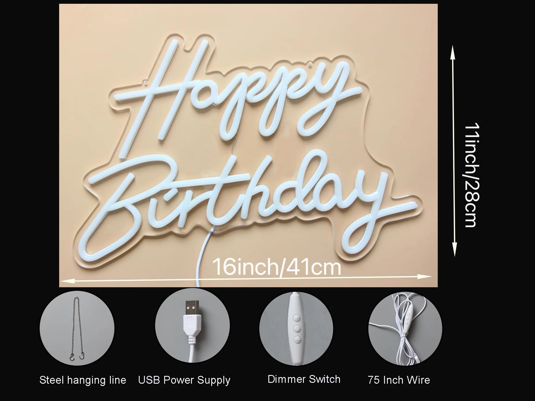 Neonowy znak LED „Happy Birthday”, nocny, dekoracja na przyjęcie urodzinowe, ciepły biały, zasilany przez USB, tło na przyjęcie, do sypialni, ścienny, 5 V