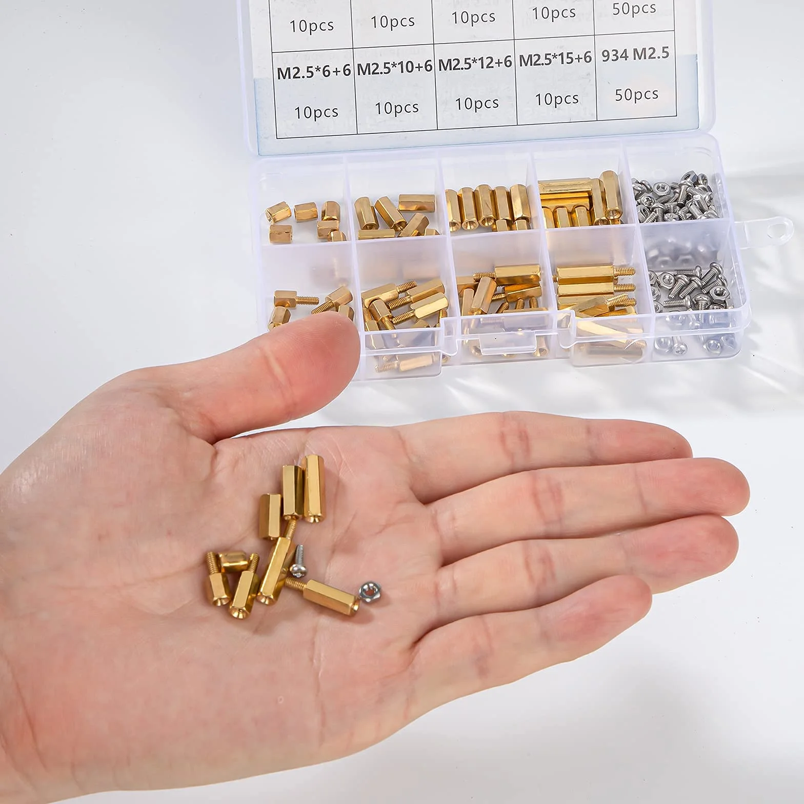 QIMEI-SHOP - zestaw 180 sztuk mosiężnych dystansowych śrub z łbem sześciokątnym, rozmiar M 2,5, męskich i żeńskich, stal nierdzewna, zestaw śrub, nakrętek i podkładek, wraz z pudełkiem do
