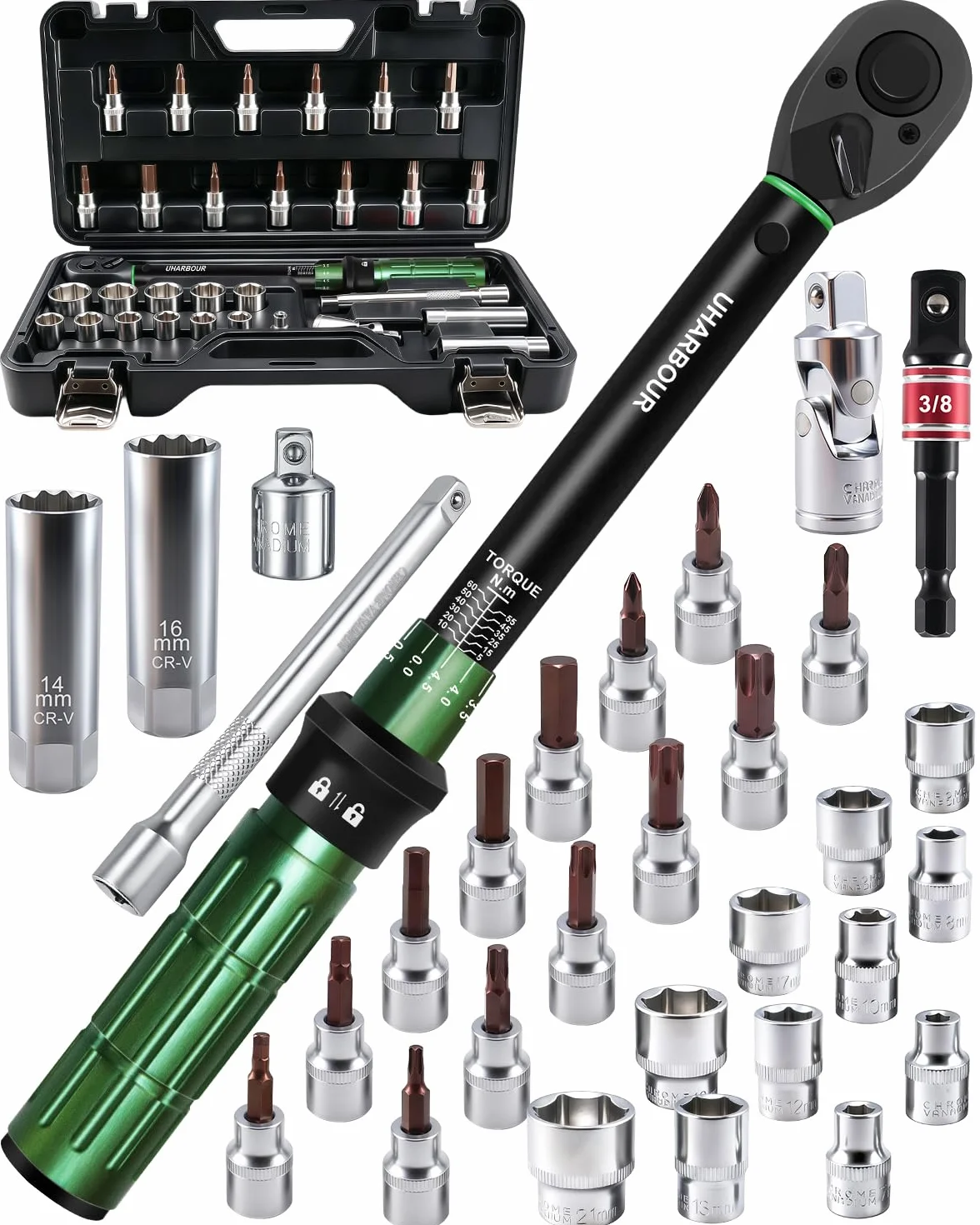 Uharbour Klucze dynamometryczne 3/8", 5-60 Nm, 31-częściowy zestaw kluczy dynamometrycznych do motocykla, dokładność błędu ±3%, z przedłużeniami, nasadkami nasadowymi i adapterem, 72-zębowa grzechotka