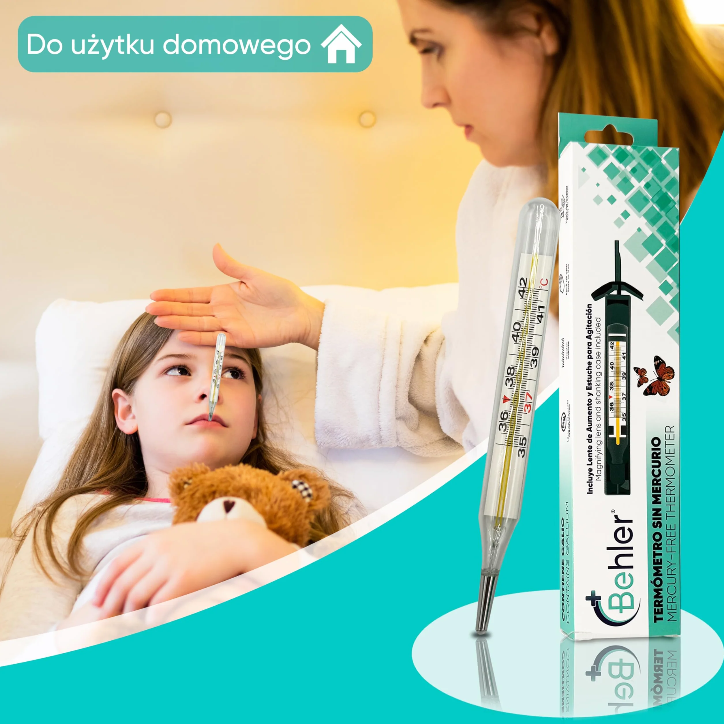 Behler Szklany Termometr Galowy Bezrtęciowy Kliniczny Analogowy Lekarski Dokładny Pomiar z Etui i Lupą