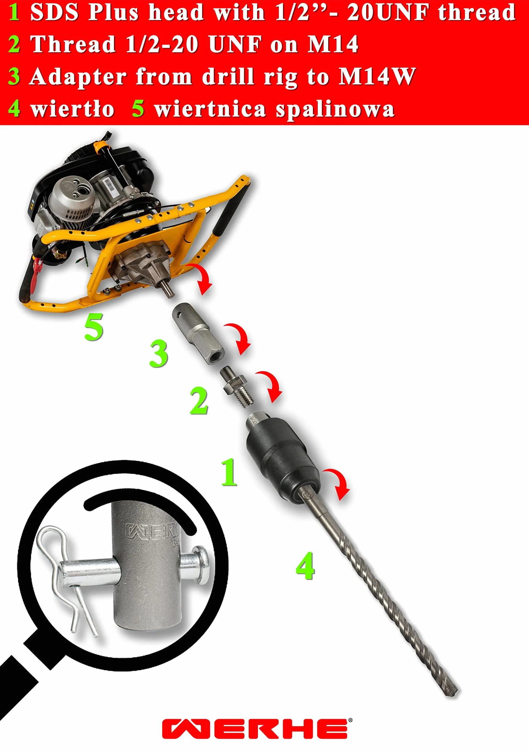 UNF WERHE adapter uchwytu wiertarskiego SDS Plus na 1/2-20 | do wiertarek udarowych, metal, tworzywo sztuczne, szerokość 42 mm, długość 102 mm, 380 g, szybka wymiana, klucz standardowy