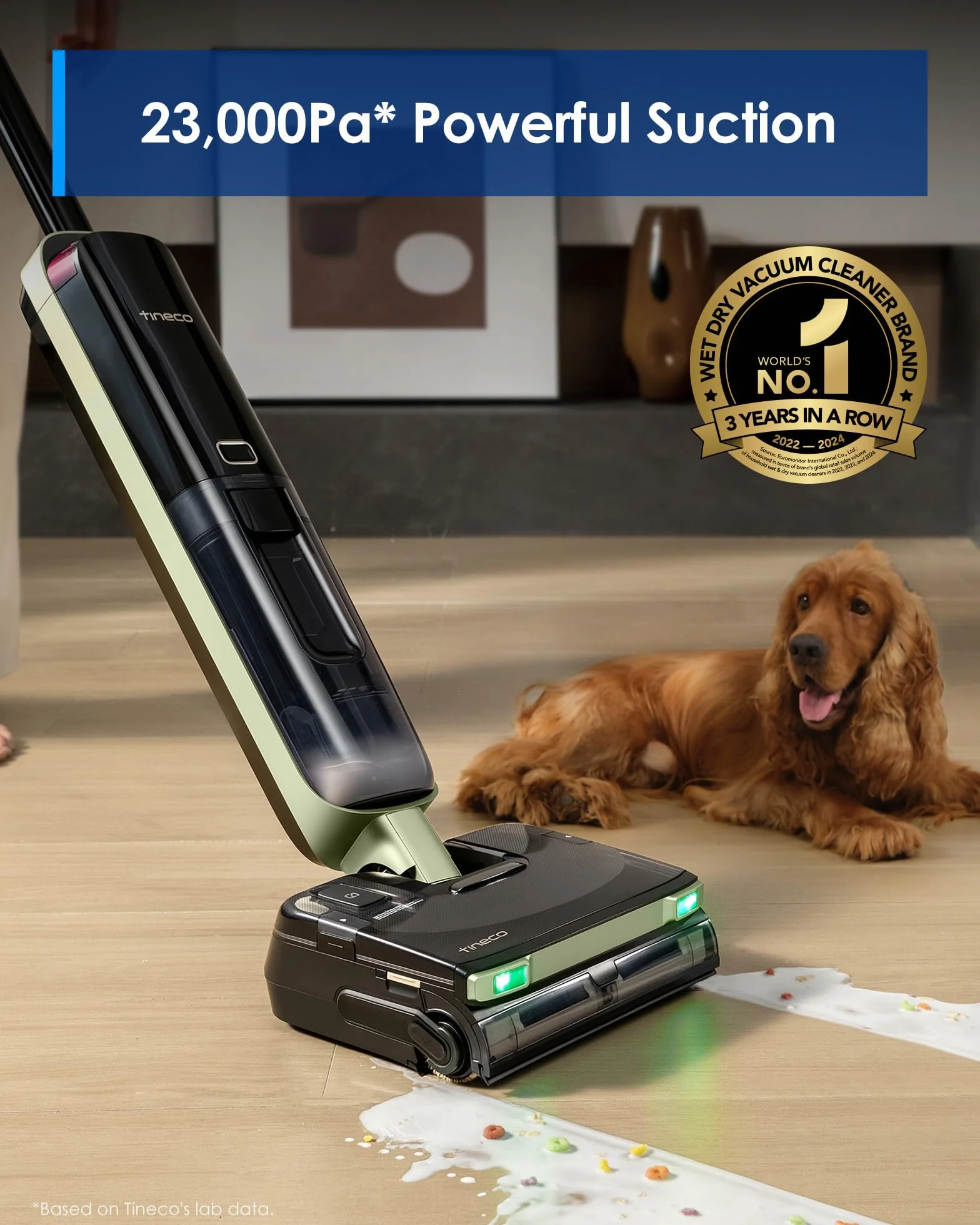 Tineco FLOOR ONE S7 Master Odkurzacz do odkurzania na mokro/sucho, skrobak StreakFree, 9,9 cm, siła ssania 23 kPa, System samoczyszczenia FlashDry, zielona lampka DustReveal 150°
