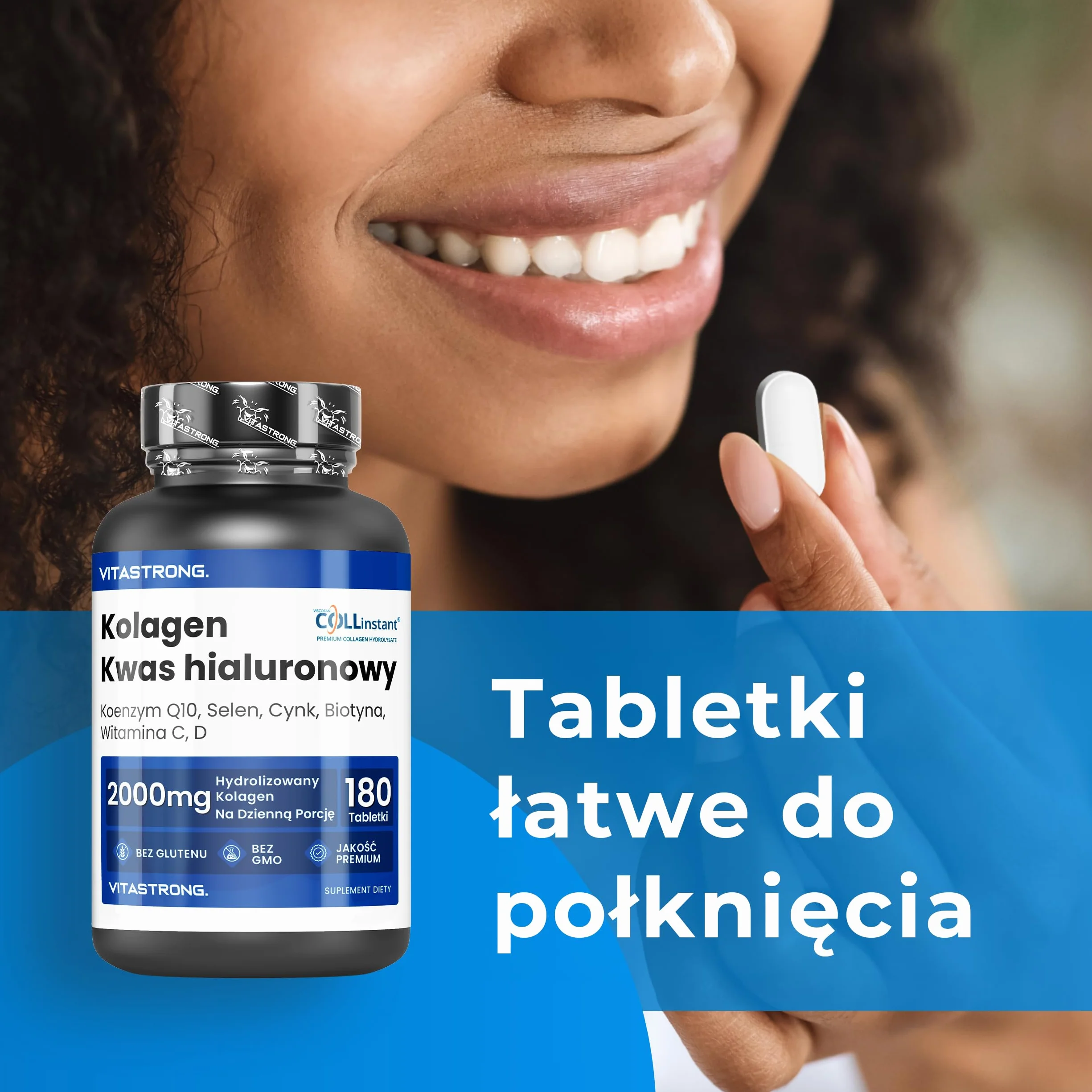 Hydrolizowany Kolagen 2000MG Vitastrong - COLLinstant® Kolagen i Kwas Hialuronowy z Biotyną, Koenzymem Q10, Cynkiem, Selenem, Witaminą C, Witaminą D - Skuteczna Formuła - Wysoka Jakość