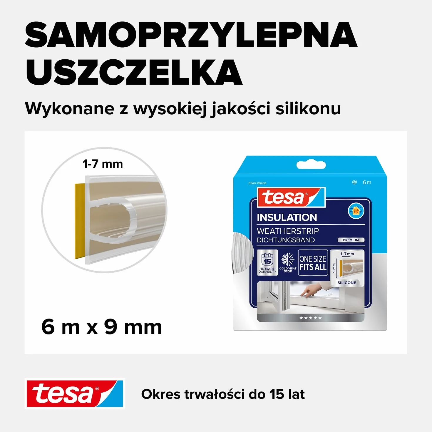 tesa INSULATION Premium taśma uszczelniająca - Samoprzylepna silikonowa uszczelka do izolacji szczelin w oknach i drzwiach - Przezroczysta - 6 m x 9 mm x 7 mm