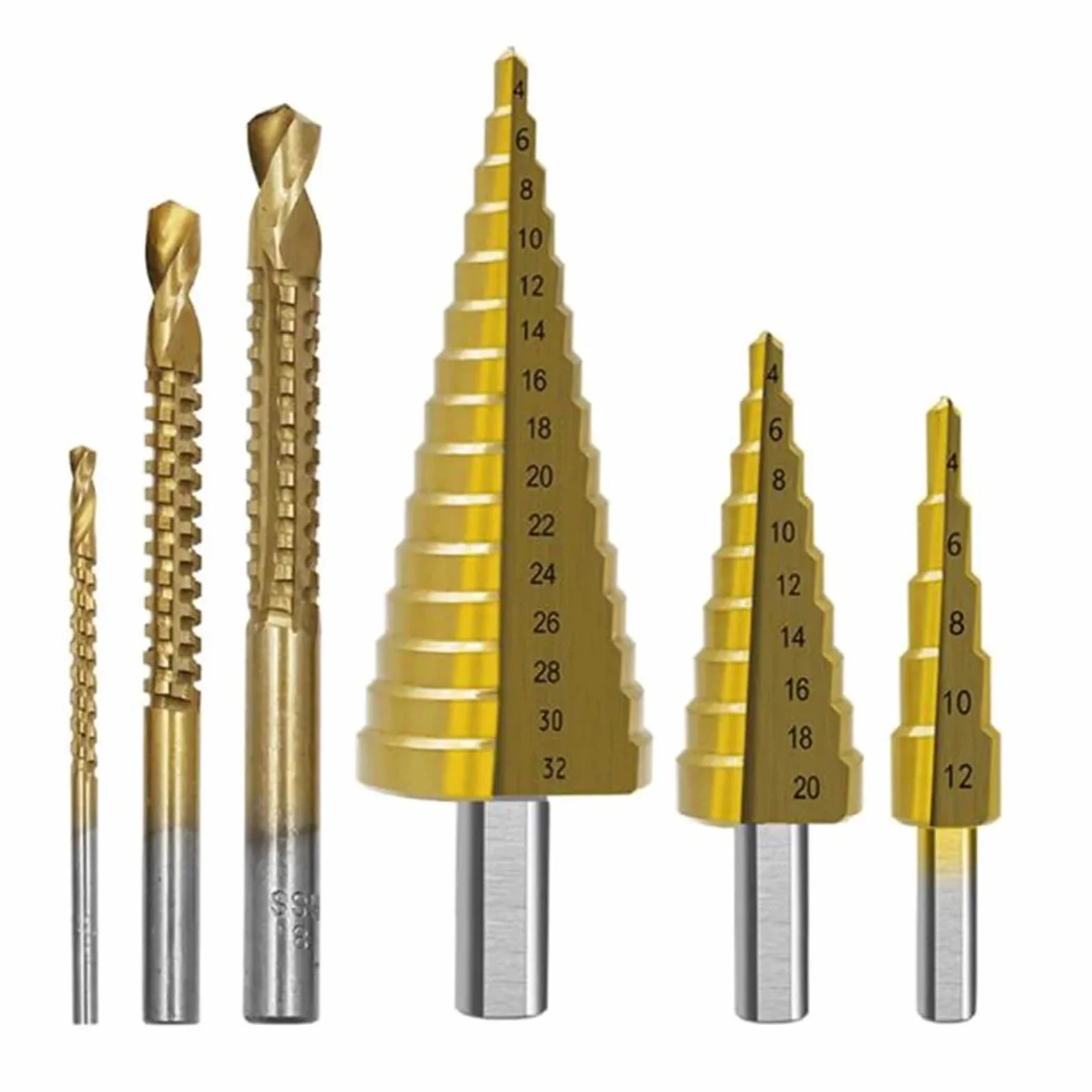 6 sztuk wiertła stopniowe HSS spiralne metryczne kompozytowe wiertło kranowe 4-12 4-20 4-32mm narzędzia do wiercenia stożkowego do dłutowania do cięcia drewna (Material : Bagged)