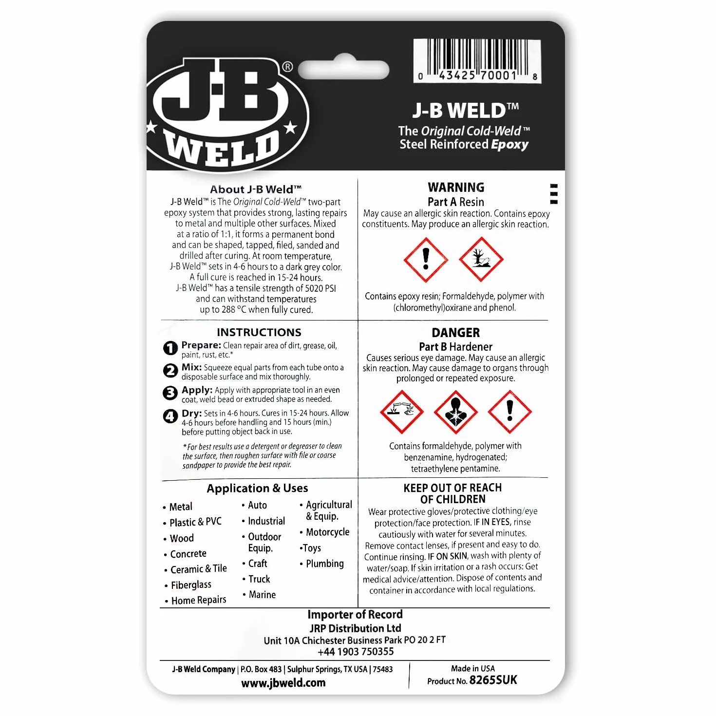 J-B Weld 8265S oryginalna stal wzmocniona epoksydowa dwupak - 5 ml (opakowanie 4 szt.)