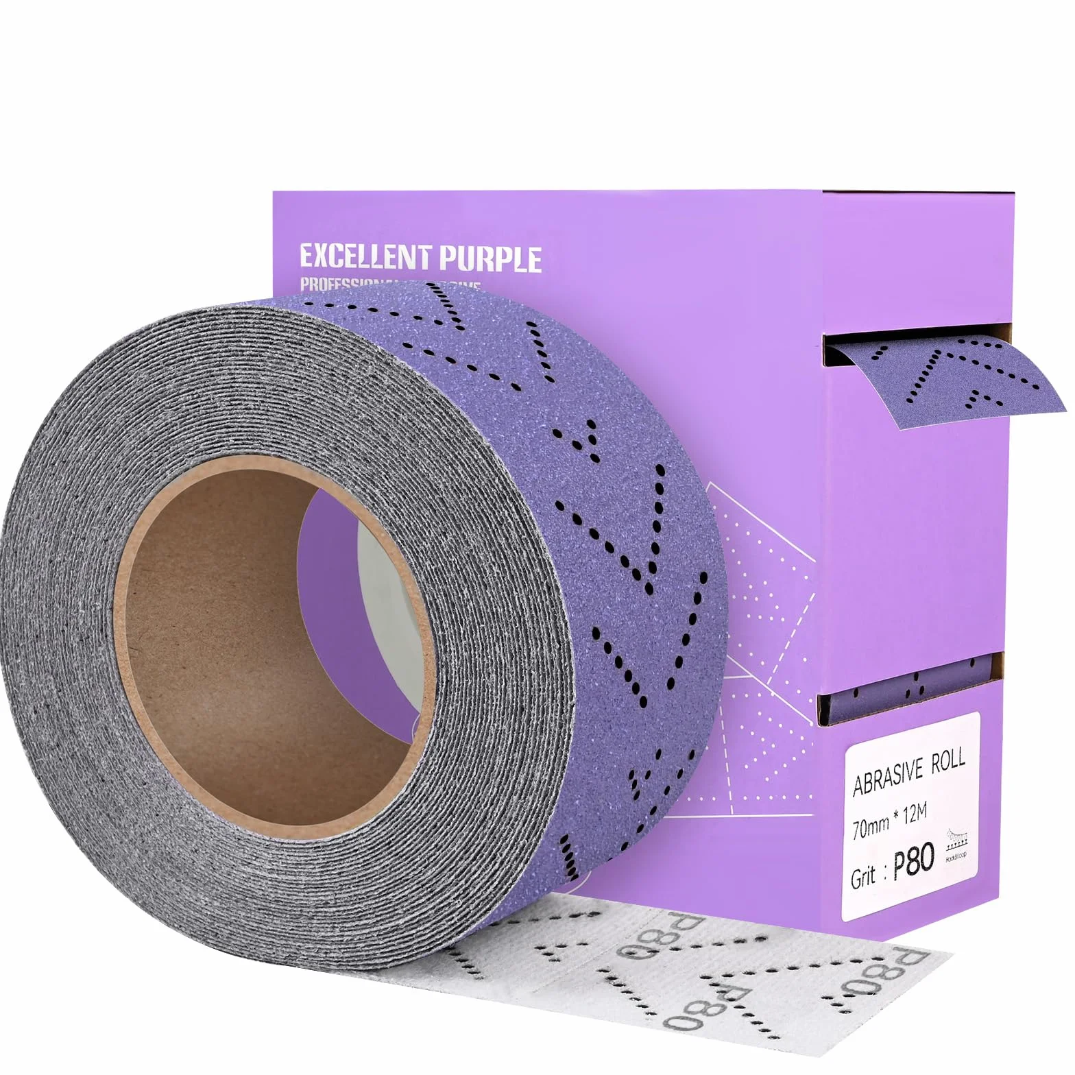 Papier ścierny w rolce Multi-Hole, 70 mm x 12 m, rolka arkusza szlifierskiego, ziarnistość 80, wstępne cięcie, ręcznie rozdarty, papier ścierny, fioletowy, rolka szlifierska ceramiczna do