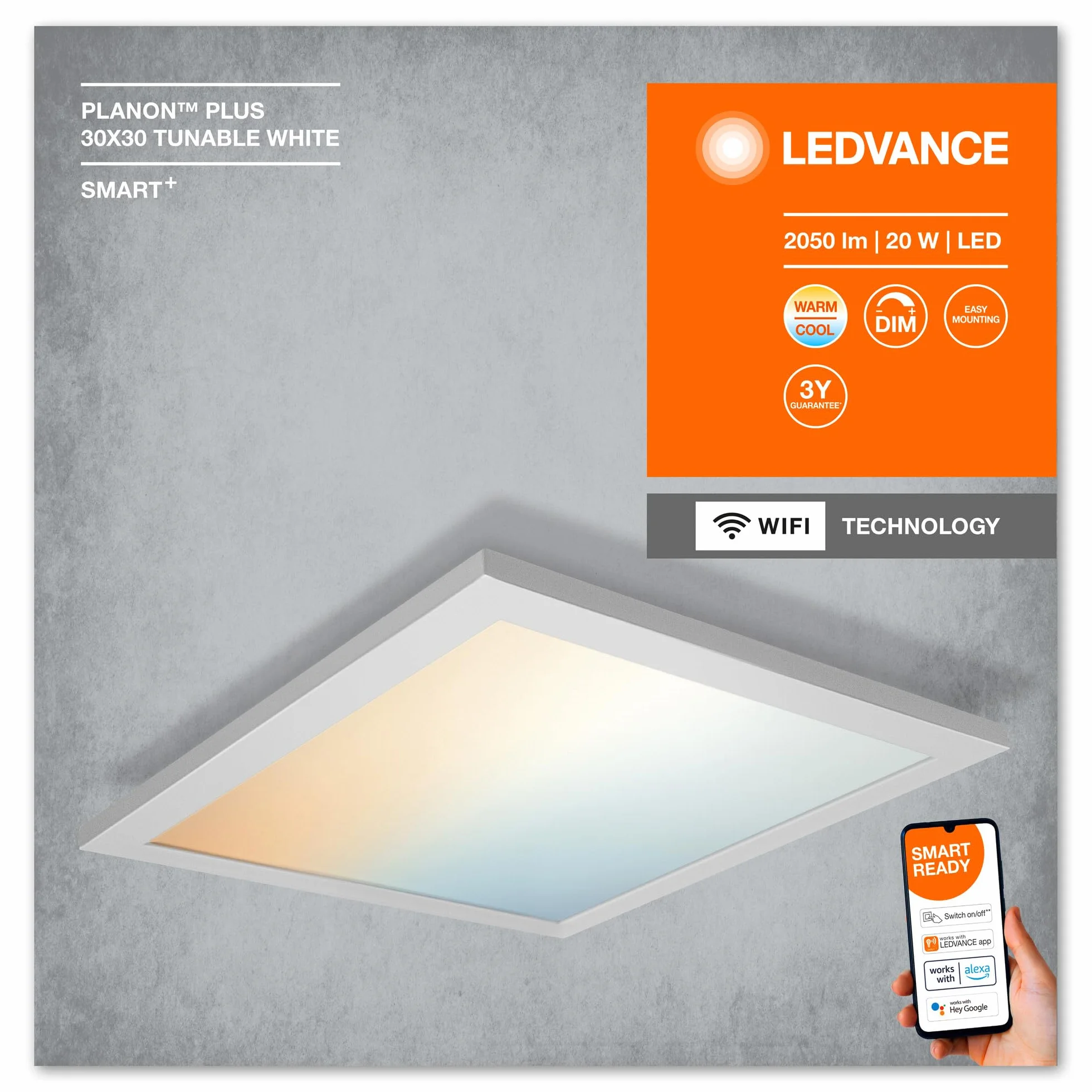 LEDVANCE Oprawa oświetleniowa: for sufit, SMART+ PLANON PLUS przestrajalny biały / 20 W, 220…240 V, kąt rozsyłu światła: 110°, Program przestrajalny biały, 3000…6500 K, materiał: aluminum, IP20