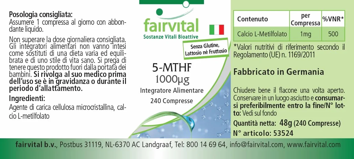 Fairvital | 5-MTHF - 240 tabletek - 1mg na tabletkę - bioaktywny kwas foliowy - płodność i ciąża - sprawdzona jakość i wysoka dawka - 100% wegańskie - wyprodukowano w Niemczech