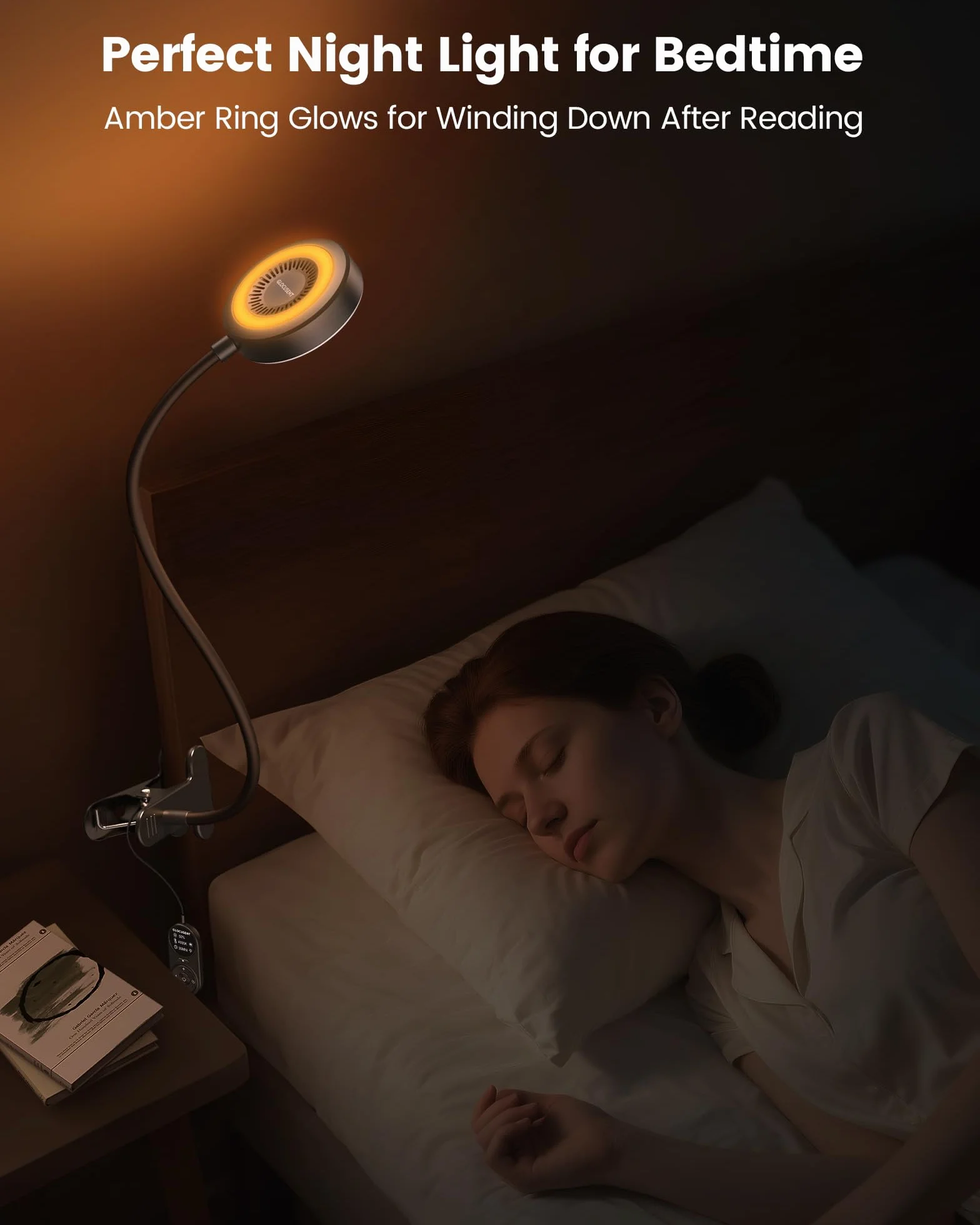 Glocusent Clip On Light, 72 LED lampa biurkowa z 3 kolorami i 5 jasnością, elastyczna lampa z klipsem z bursztynowym światłem nocnym, timer 30/60 min, pielęgnacja oczu, do łóżka/czytania (czarna z