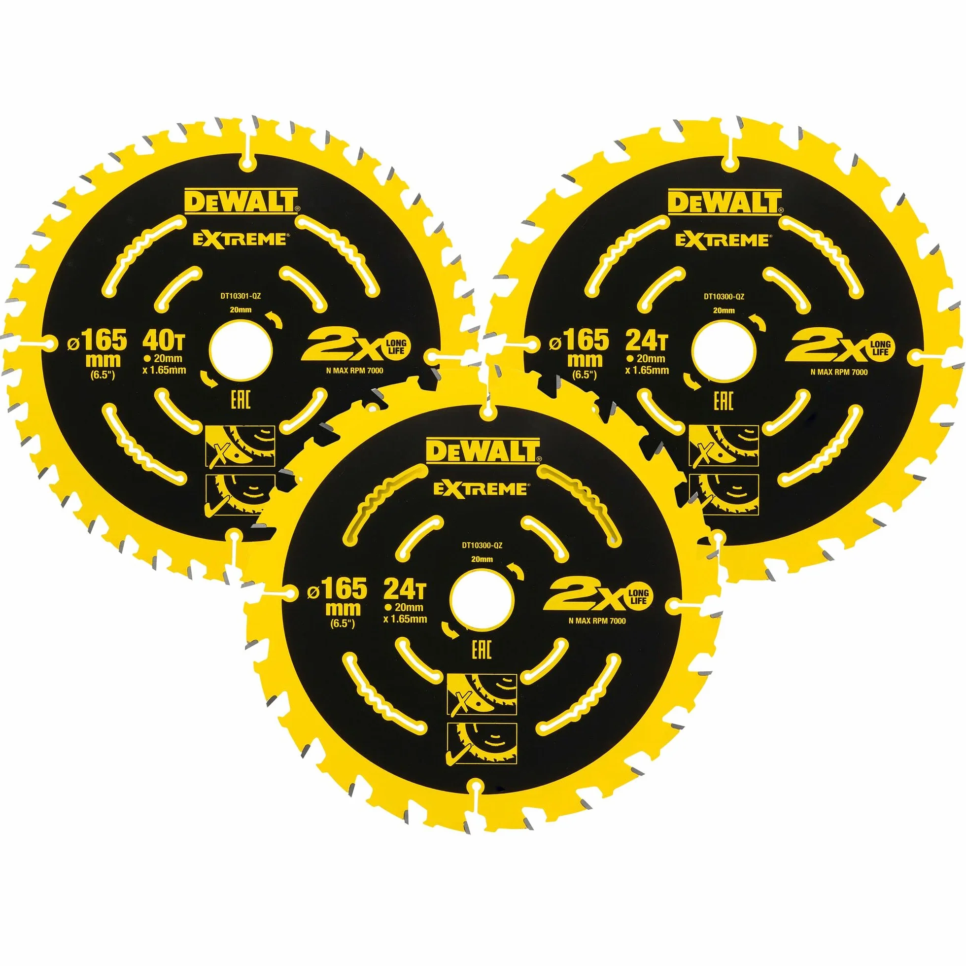 Dewalt Elite DT10397 zestaw brzeszczotów do piły tarczowej (zestaw 3 szt. składający się z 2 x 24 zębów, 1 x 40 zębów, brzeszczot ø 165/20 mm, szerokość cięcia: 1,65 mm, WZ, 18°, ultra ostre zęby z