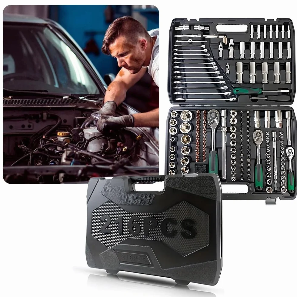 Zestaw narzędzi do domu 216-częściowy zestaw narzędzi dla mechaników 1/4" 3/8" 1/2" Zestawy kluczy nasadowych z 24-zębowymi zestawami kluczy grzechotkowych do motocykli samochodowych