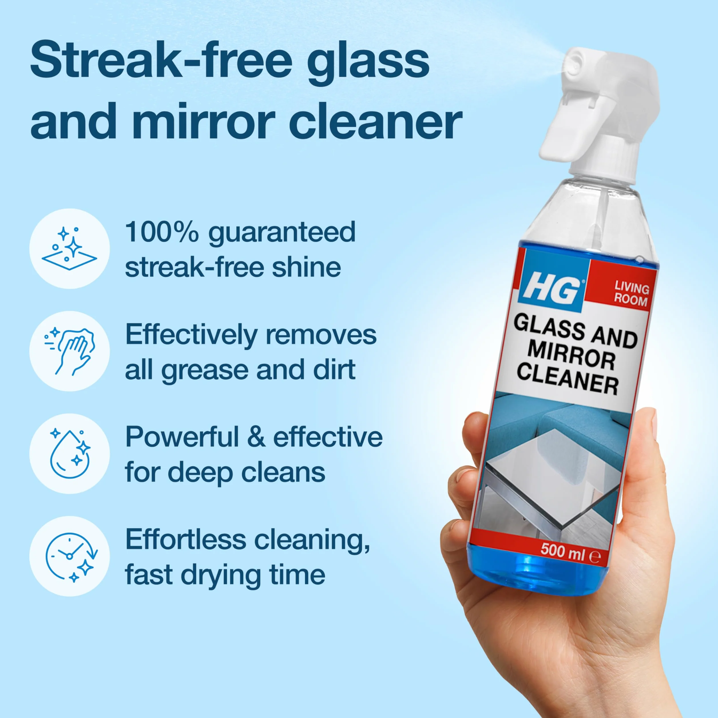 HG Środek do czyszczenia szkła i luster, bezsmugowy środek do czyszczenia szkła, skutecznie usuwa tłuszcz i brud z okien i powierzchni - 500ml spray (142050106) (opakowanie może się różnić)