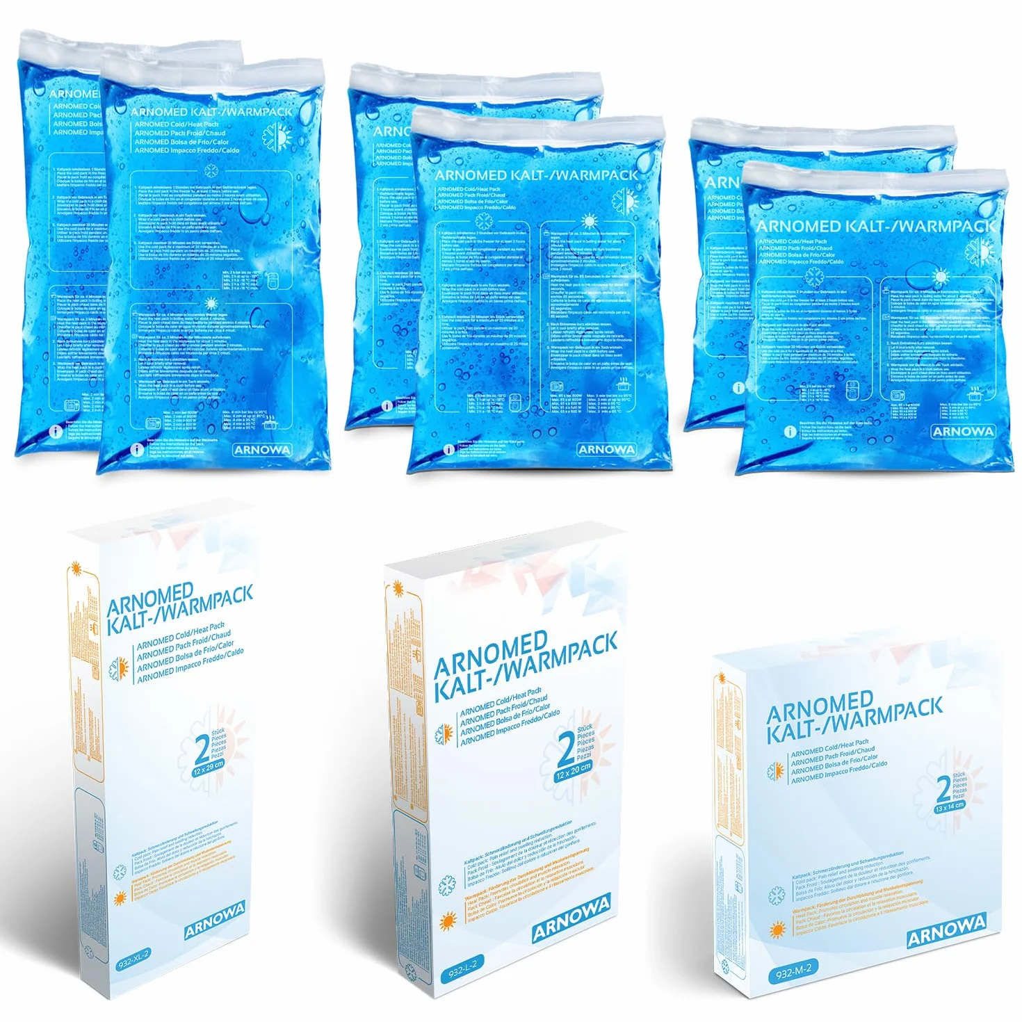 Okłady chłodzące z żelem ARNOMED® wielokrotnego użytku 2x M, L & XL, kompres chłodzący/rozgrzewający do mikrofalówki