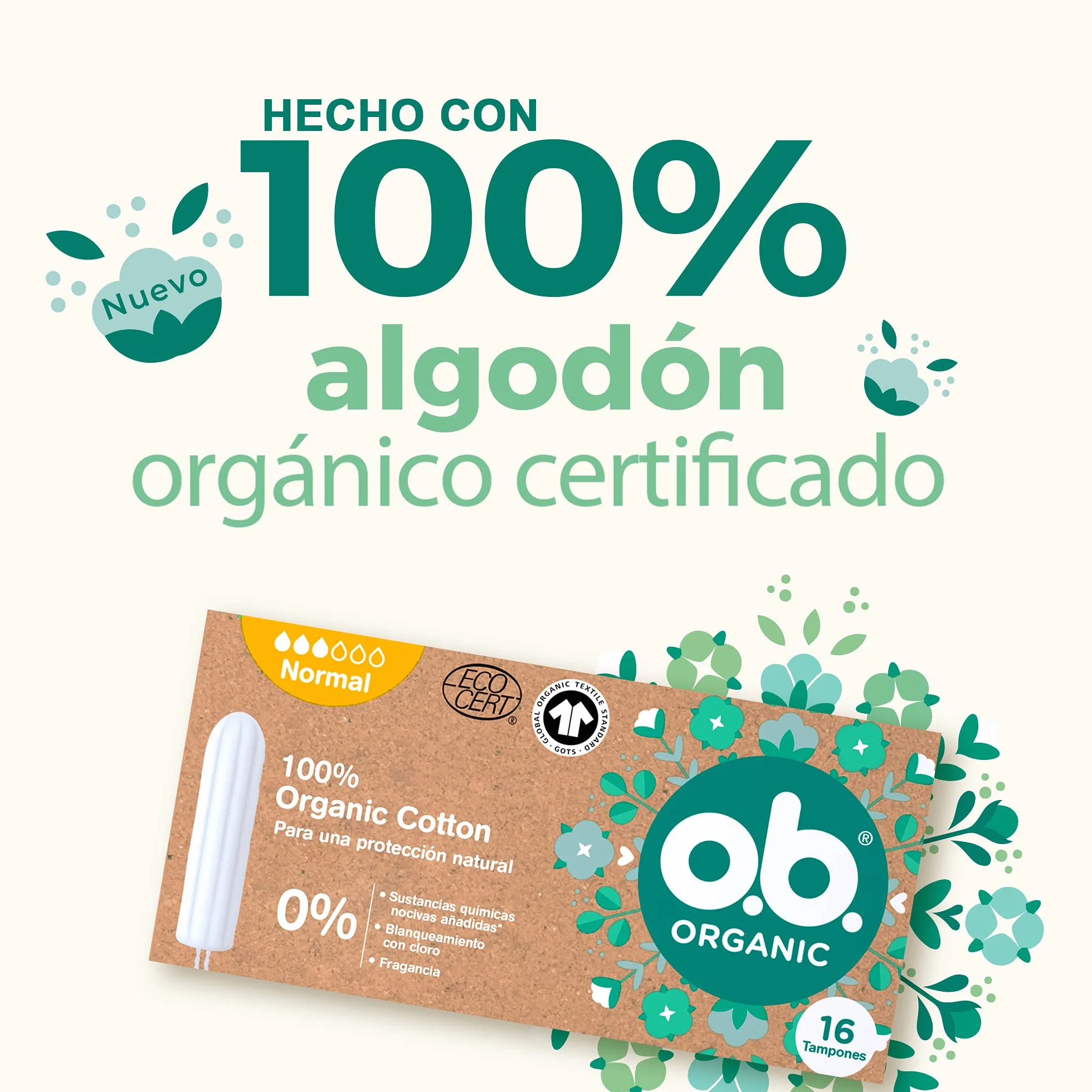 ORGANIC Tampony ze 100% bawełny organicznej 16 szt., bez aplikatora, normalna chłonność
