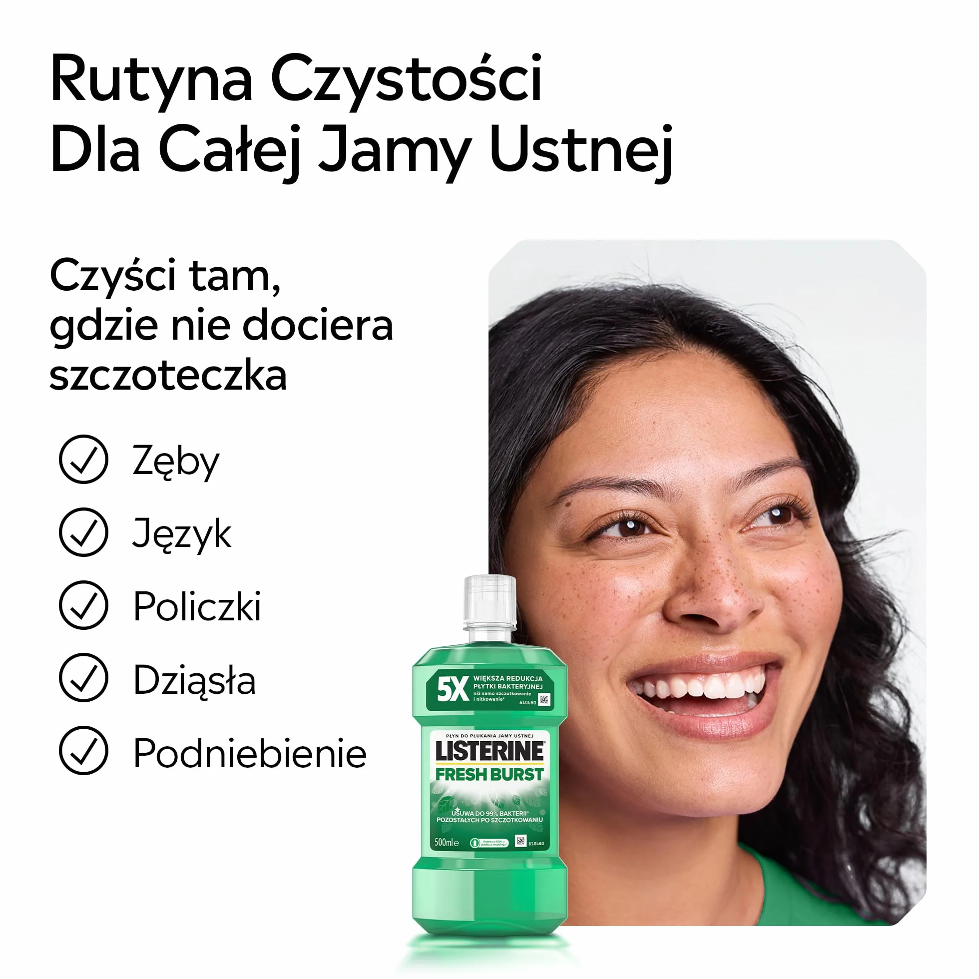LISTERINE Fresh Burst 500ml, Płyn do płukania jamy ustnej z olejkami eterycznymi, usuwa bakterie, redukuje płytkę nazębną, długotrwale odświeża oddech