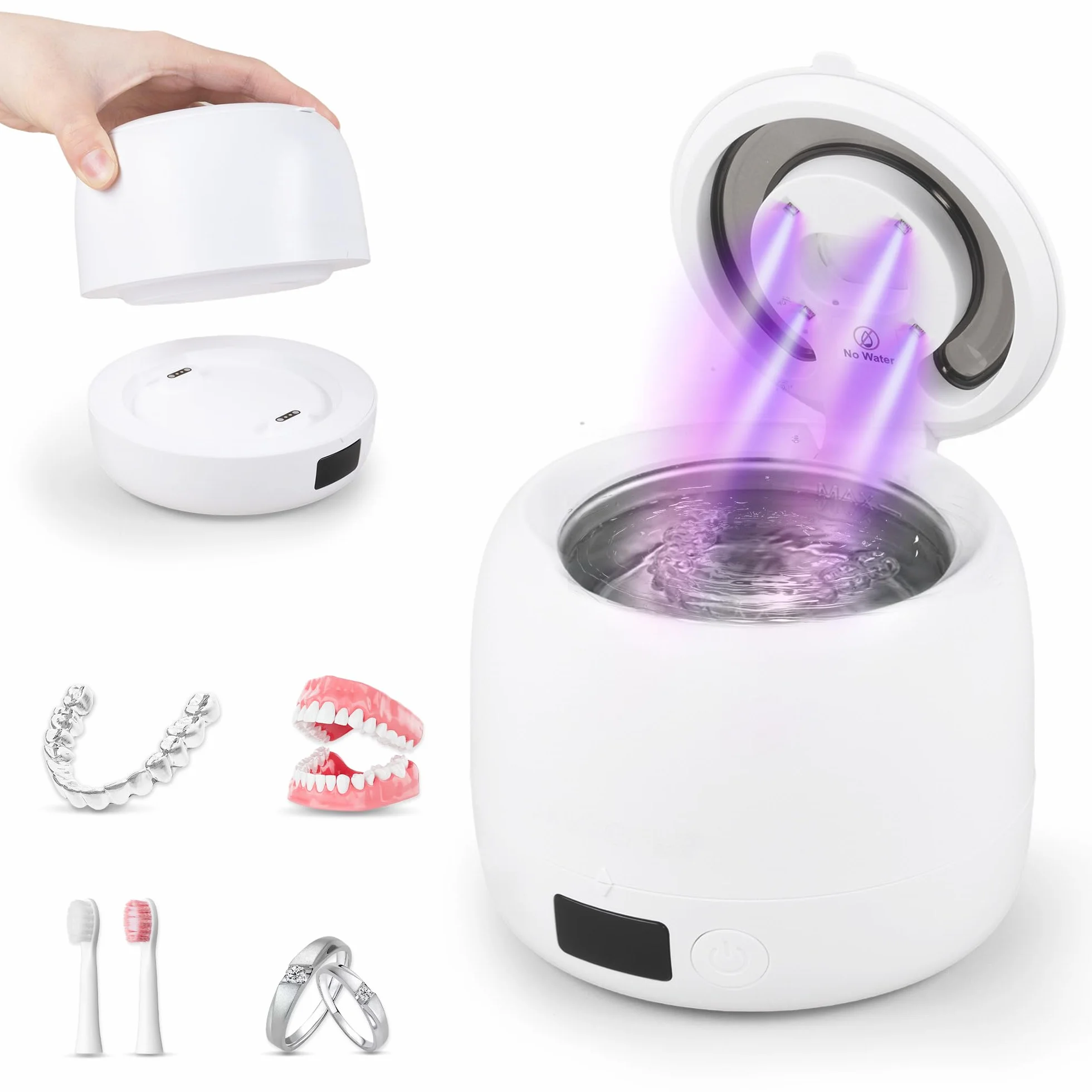 Carehabi Ultradźwiękowe urządzenie do czyszczenia szyn dentystycznych i protez - 45 kHz Dental Pod ze światłem UV i zdejmowanym zbiornikiem o pojemności 200 ml - elektryczne urządzenie do czyszczenia