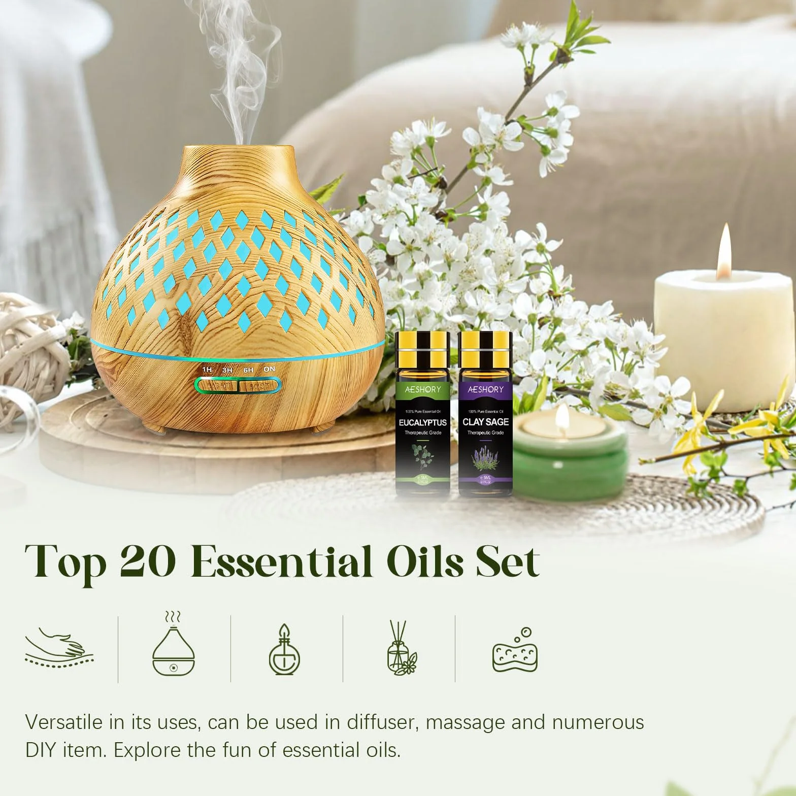 Aeshory 20 x 5ml Zestaw Olejków Eterycznych – 100% Naturalne Olejki Zapachowe Do Dyfuzorów, Nawilżaczy Powietrza, Aromaterapii, Masażu, Świec Zapachowych, Perfum I Mydła