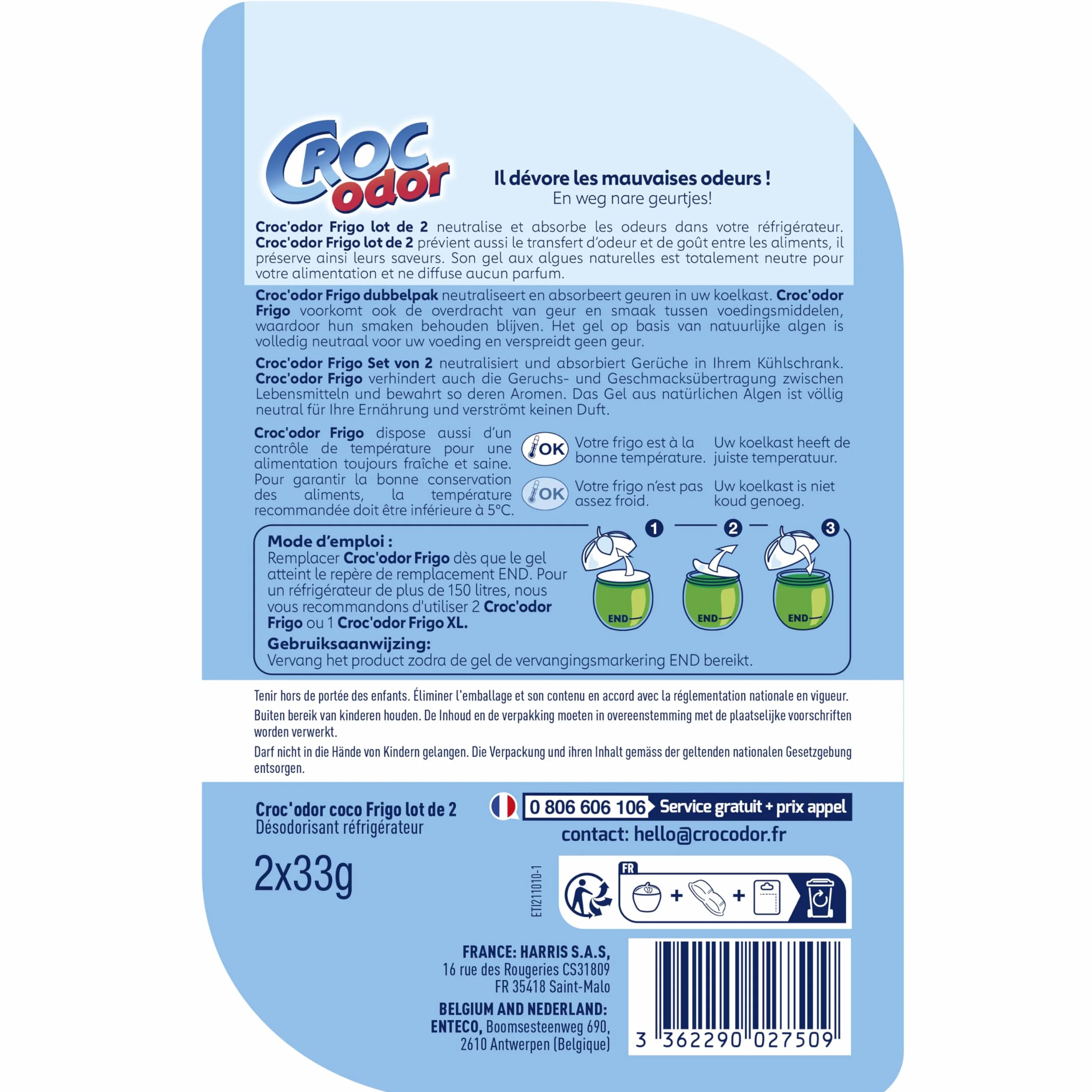 Croc'Odor Dezodorant do lodówki, dwupak, bezzapachowy, bezpieczny dla żywności formuła ze wskaźnikiem temperatury, 2 x 33 g, opakowanie może się różnić