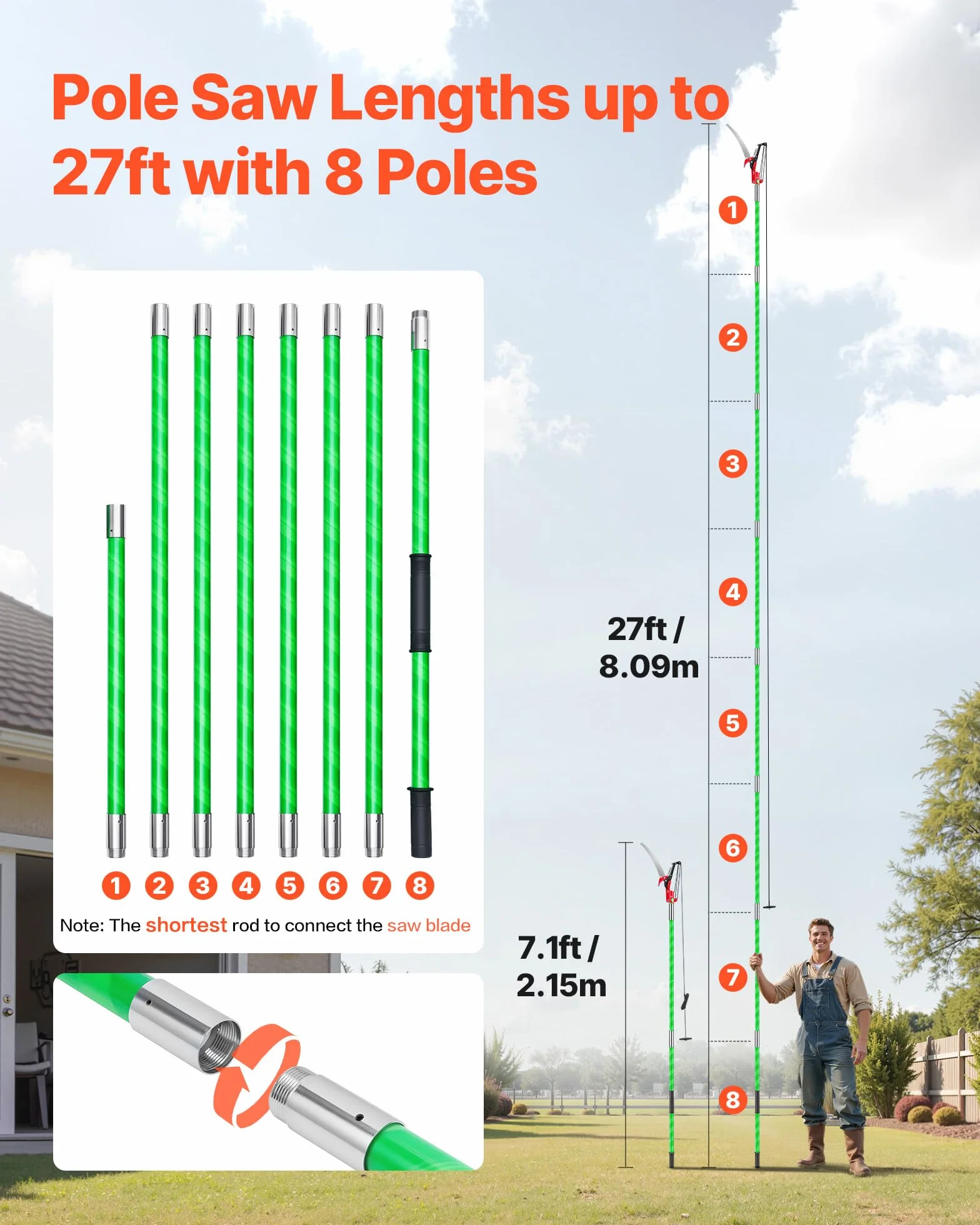 VEVOR Piła do gałęzi z trzonkiem teleskopowym, regulowana 215,3-809,3 cm, ostre ostrze ze stali 65 Mn, lekki drążek z włókna szklanego, teleskopowa piła do przycinania wysokich gałęzi (w zestawie