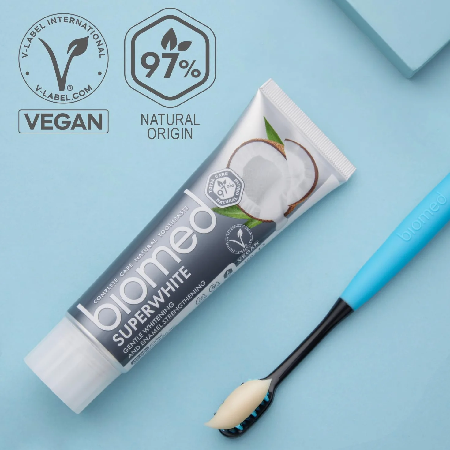 Biomed Superwhite 97% naturalna wybielająca pasta do zębów/wzmocnienie emalii/smak kokosowy, wegański, SLS Free 100g